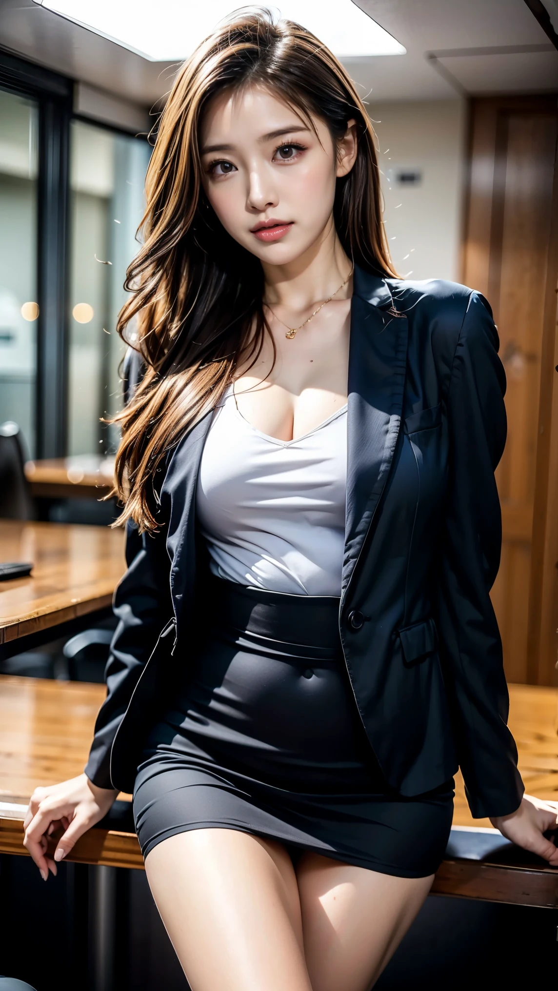 ((最high quality)), (masterpiece)), (detailed: 1.4), 3d, irrational solution, High resolution, (masterpiece: 1.4), 超detailedな, 1 beauty, Shiny brown hair, Beautiful Blue Eyes, Beautiful Face, 24-years-old, indoor, living room,((Spread your legs))、floating, Very tall woman, Standing posture,Small face,High heelsを履く,Big Breasts,Big Hips,Thick thighs,(Length legs:1.2),Wavy Curly Hair,Red lips,RAW Photos,、(Intricate details:1.4)、(Realistic:1.4)、レンダリングの超detailed, Soft studio light, Rim Light,Bright light,Beautiful subtle shadows、美しいNatural light、Front lighting、Beautiful details shine, 鮮明なdetailed, 超detailed, Realistic skin texture, 面のdetailed, Beautiful eyes in every detail, 非常にdetailedな CG Unity 16K 壁紙, Compensate, (detailedな背景:1.2), Glowing Skin, whole body、Cleavage,Mature Woman, Hip Up,Long Hair,Observe the audience、whole body写真,,Abdominal muscles, Perfect figure, Ultra-thin face, Facial Lighting , ((Big Breasts:1.4))、Tight waist,((Beautiful Japanese Women:1.3))、Voluptuous body line、(Low angle shot:1.1),Angle from below、whole bodyを撮影する,非常にdetailedな顔,A face that should not be disturbed,Beautiful legs,High heels,Beautiful feet、Black stiletto heels del pose、height: 180cm,Open your thighs,smile、Nipples are visible,areola protruding,,Incredibly sexy、Elegant legs、 Thick legs、Very beautiful length, Beautiful feet、Very beautiful leg volume、Leg and thigh shots、uniform set,Tight dress shirt、、(((No bra)))、, Office Lady Uniform,Black suit、Wear a business suit,Black suitを着ている,Digital Illustration, (Realistic:1.3),(RAW Photos.),Voluminous lower body,Thick thighs,Big Ass, Big sexy ass, Perfect figure, Standing posture,whole body写真、whole bodyを撮影する,Office Wear、Shiny tight skirt、, (Big Breasts, Big Ass:1.3),(Woman in pencil skirt and suit jacket with attention to detail:1.4),Siren's Seductive Eyes、Red lipstick, Smokey Eye, White skin,, detailedでリアルな肌, detailedでリアルな体と顔, Slim waist、Natural light. Expose your body to natural sunlight.Graceful features,滑らかでWhite skin,超detailed, High detail, high quality, 受賞歴のある最high quality, High resolution, 4K, 16K,Soft thighs,Shiny thighs,choker, , Thighs visible through skirt, Beautiful Hands, , whole body写真撮影、セクシーなBeautiful feet,Open the front of your shirt,secretary,