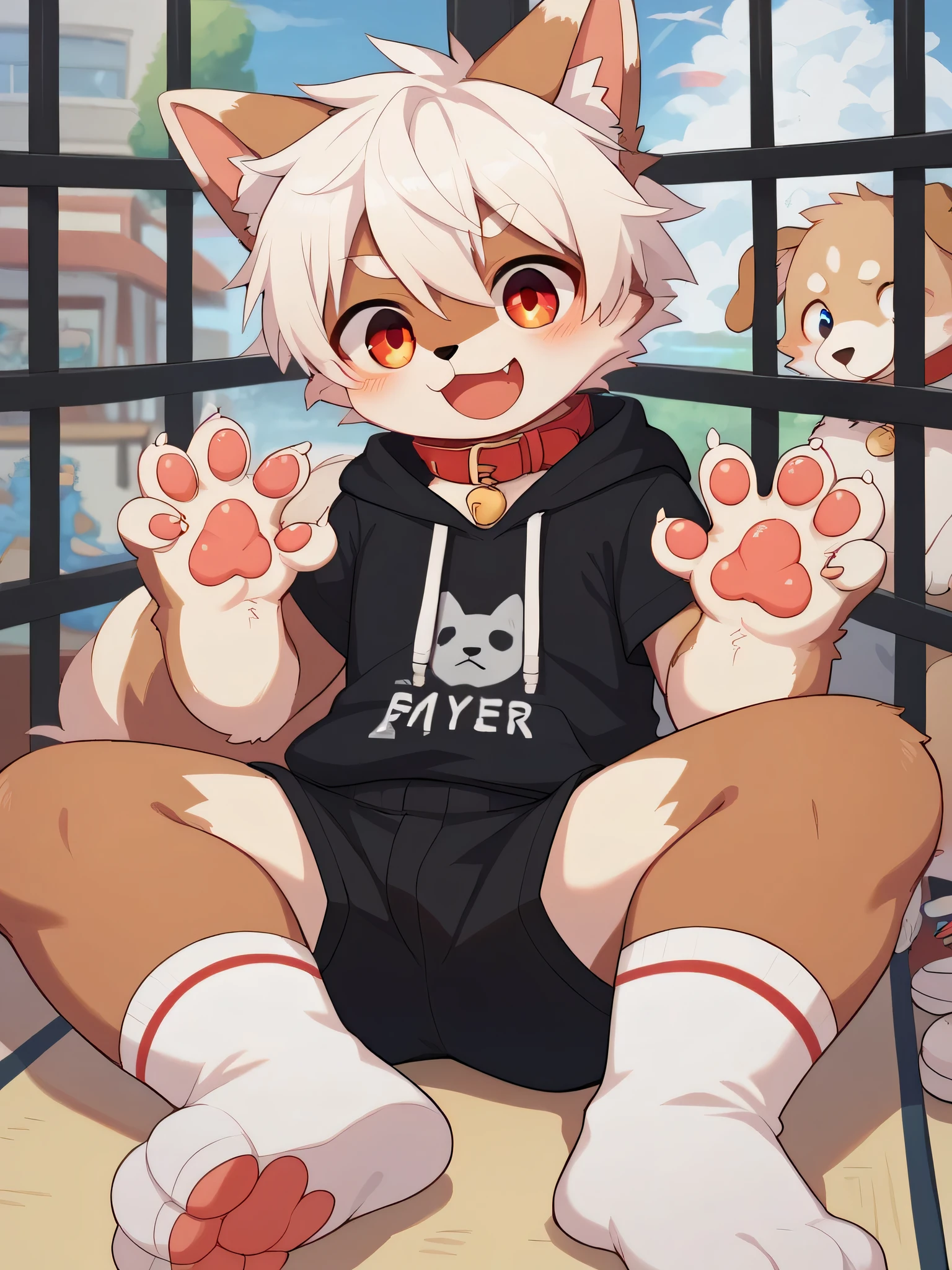 very well detailed な, very well detailed , with white hair and brown fur , 15 , mal excited to look at his bones , wolf pelt, excited, Participation , cute face, Show me your legs , Sitting!, Horny Male ,Cute ears , Fluffy ears, Fluffy ears, Dog tableware , feed, Lick, Show me your legs , estrus, show me a paw, red collar on the floor, かわいい毛皮のMale , Male , Horny Male , room, cage, blush nose, alone, Droopy e Wars , black shorts , Black Short Sleeve Hoodie