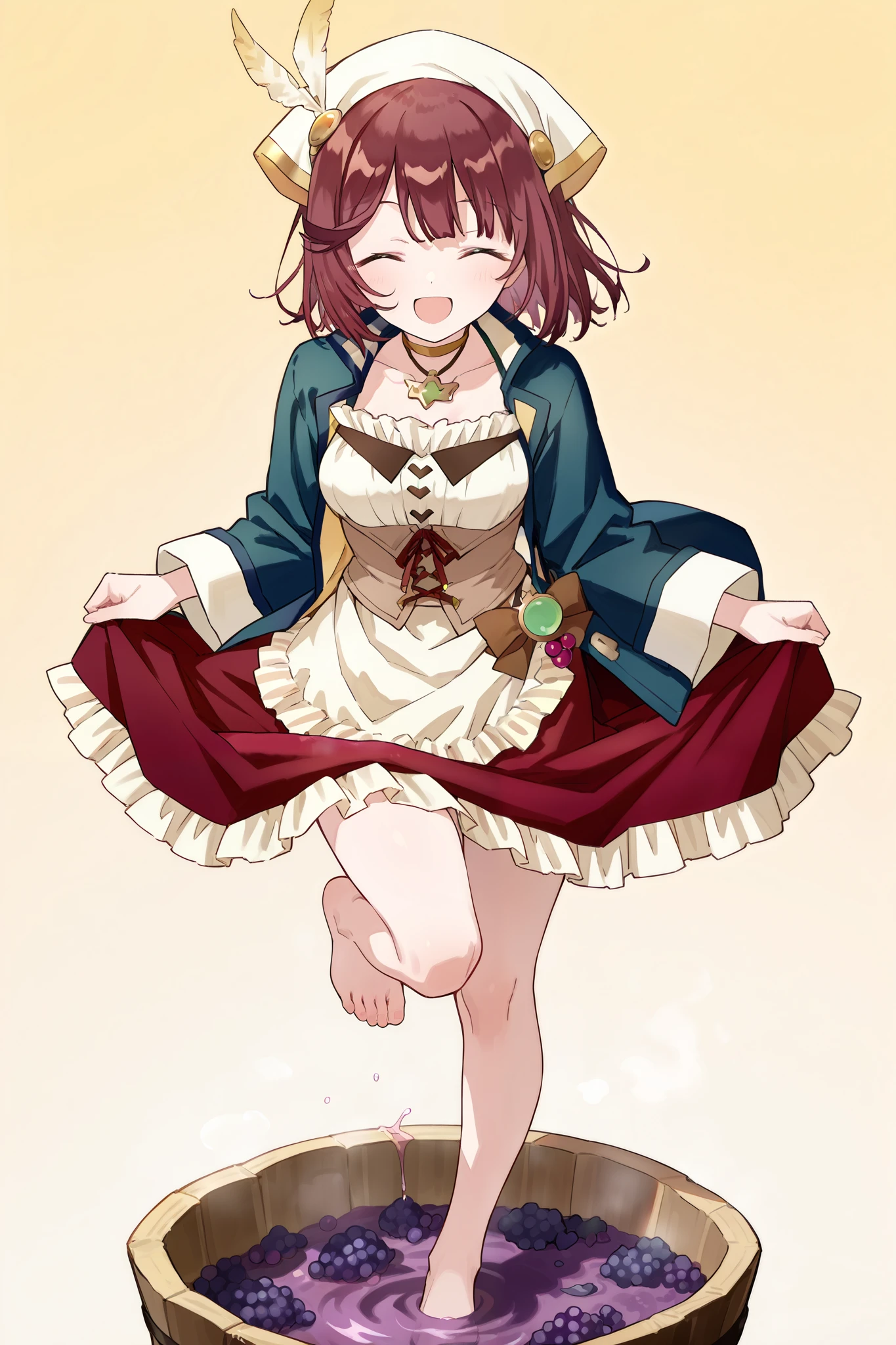 score 9, score 8 up, score 7 up, score 6 up, ultra-detailed, (best quality, masterpiece, ultra detailed, ultra high res, absurdres, high-resolution, highest quality, very aesthetic, textile shading, offcial art), (detailed eyes), (detailed face), nsfw, uncensored, Number of fingers is 5, simple background, (1girl), (nasuno /(nasuno42/):0.7), grape stomping, barefoot, standing, leg up, (sophie neuenmuller), (atelier /(series/)), (atelier sophie), skirt hold, smile,