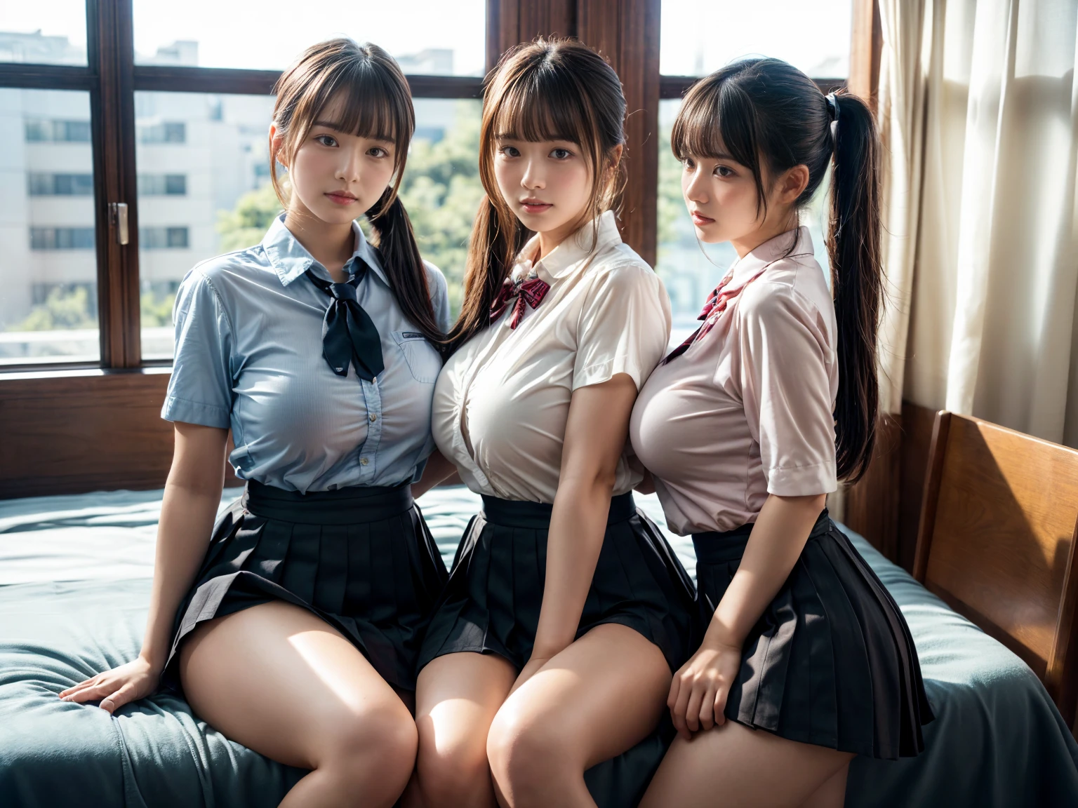 ((looking at the viewer)), (School Classrooms:1), (Classroom where students are sitting), (Women at the classroom window:1.3), ((Group photo of three female idols)), (woman wearing Japanese school uniform:1.3), (Women on either side of the woman in the middle rubbing her tits:1.1), (Women with arms around each other and hugging each other:1.3), (Touching her own tits:1.5), ((rubbing woman's tits:1.5)), Women in a friendly atmosphere, (Group of one woman with long brown hair, and one with a bob cut with red hair, one with twin-tail hair with bangs), (three young gravure idol women:1.7), Women hugging each other, (There's a woman in the middle of putting on a skirt), A woman with her hips showing through a short skirt, (A woman is lifting her own skirt: 1.3), (She is wearing a skirt that she is about to take off), (One woman not wearing a skirt), Only one woman wears a headdress, Only one woman has her hair tied up, only one woman wears a ribbon on her head, woman wearing semi pleated skirt, (woman wearing ribbon collar:1.3), (open chest dress:1.3), (woman with visible tits:1.3), tits with nipples visible, open chest with nipples visible, beautiful breasts, (Wearing a bra:1.3), bra is out of alignment, (woman with underwear visible through short skirt:1.3), (Wearing bikini underwear), cute smiling woman, face with tongue sticking out, drooling face, (high quality), (high resolution), (4k), (8k),Young beauty spirit ,Sexy Pose,Styles Pose,Striking Pose,school uniform,little_cute_girl,realhands