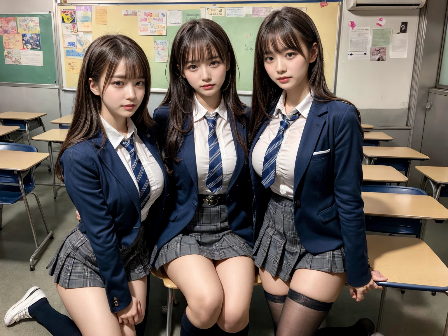 (8K, Raw photography, top-quality, ​masterpiece:1.2), master piece, best quality, illustration, Super detailed, fine details, High resolution, 8K,wall paper, perfect dynamic composition,(Details High quality, realistic depiction of eyes:1.3), ((2 girls, 2 girls)), The background is a luxury hotel room、High school girl uniform、blazer 、Super Short Check Uniform Skirt、Navy blue high socks、garterbelts、Colossal tits、Disturbed uniform, Play with each other,Touching each other's bodies,Touching the body of the girl next door, short bob hair, black hair color, huge breasts, Big Natural Color Lip, bold sexy pose, (perfect body shape), crying a little、cold gaze,  Beautiful makeup,glitter makeup,Cutest 18 years old, beautiful legs, hposing Gravure Idol, Voluptuous thighs