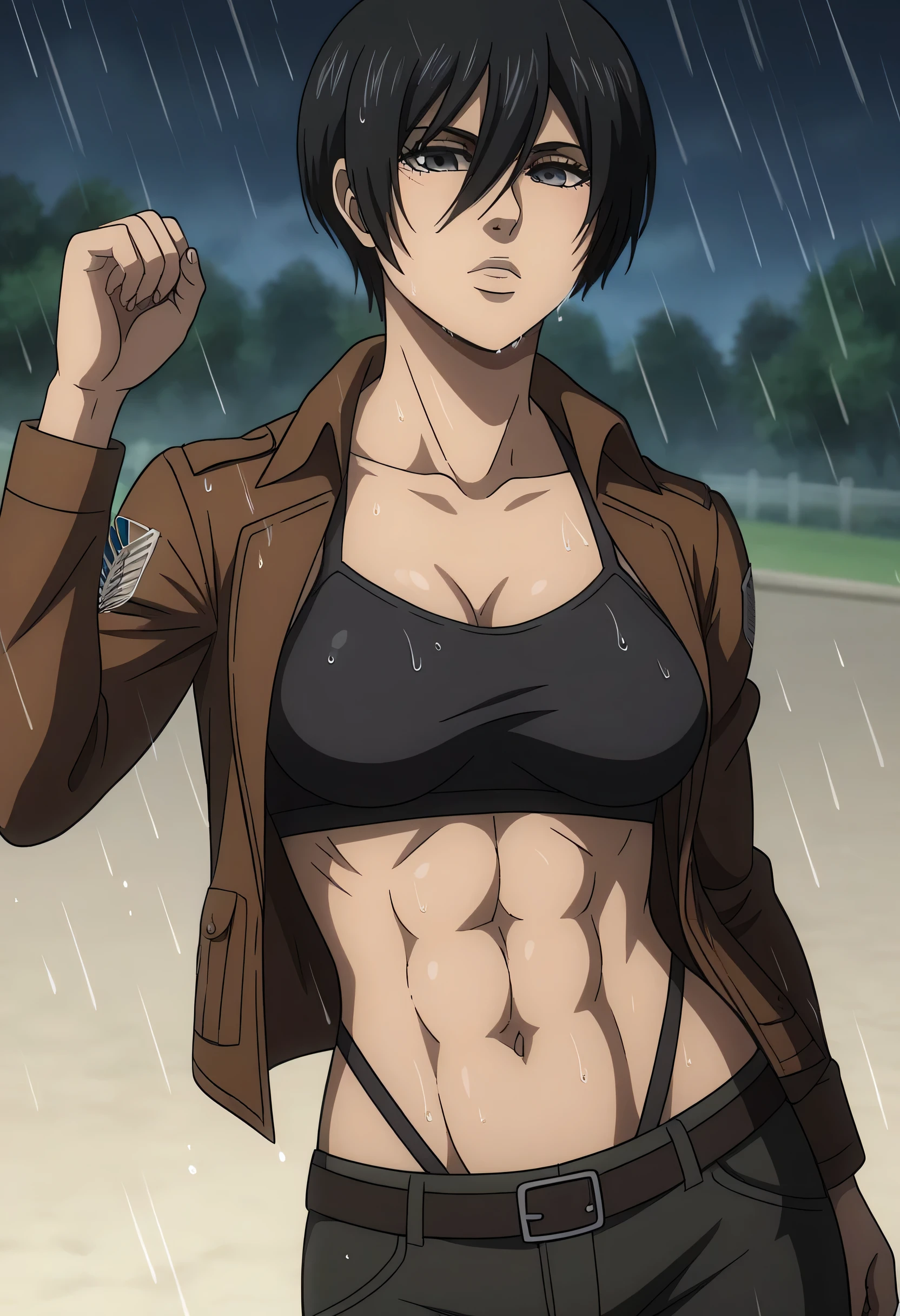 score_9, score_8_up, score_7_up, BREAK source_anime, mikasa ackrman, grey eyes, black hair, short hair, medium breasts,Mikasa wreanig open green jacket with sport black bra and black loose military trousers,mikasa with good looking body,perfect lighting,mikasa final season design,mikasa mappa version,walking on street,Perfect generation,mikasa boy hairstyle,mikasa season 4 version,attack on titan graphics,in night,HD wallpaper,perfect colors,pixie cut hairstyle,fighting face,raining,wet body,mikasa solo,1girl,mikasa flat stomach,mikasa only six-pack,normal body size,anime style,tone six-pack,attack on titan season 4 style