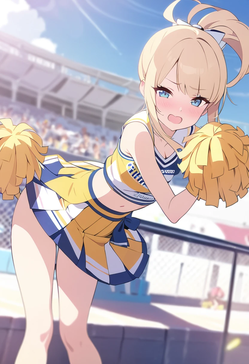 nsfw、BREAK Perfect Anatomy、Highest quality、(cute:1.1)、(cute)、(High resolution:1.2)、Unbelievably absurd:1.3、Incredible illustrations、(cuteイラスト:1.2)、Beautiful background、(1 girl) 、solo)、(10th Generation、JK、Loli face、Small breasts:1.2)、 Blonde hair and blue eyes, Long twin tail hair,Dark Skin 1:2, Cute Hips, slender、evil grin,(Sleeveless sailor shirt、mini skirt、Micro Shorts、(see through),White garter stockings、、Pom-pom),armpit、standing split legs、cheerleaders cheering