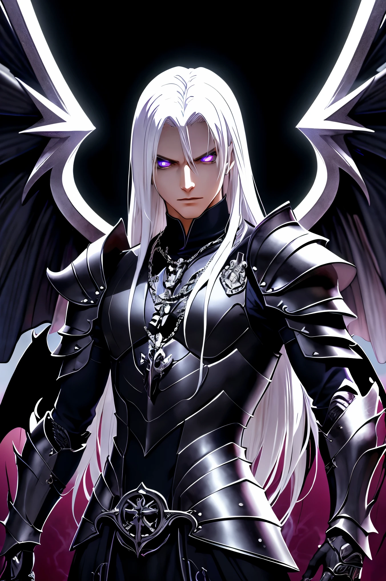 detailed eyes, detailed face, muscular, (solo male), half body of a male anime character, (Long white hair), (Purple eyes), (((wearing Evil looking armor))), (((black wings))), beautiful male god of death, archangel, cgi anime fantasy artwork, handsome guy in kingdom hearts art, male anime character, detailed digital anime art, detailed anime character art, badass anime, by Yang J, demon male, human male demon, son of sparda, Dynamic Lighting, Dark Shadows,