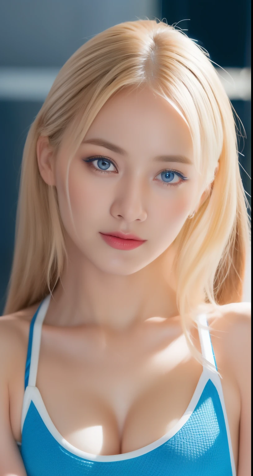 high resolution、Very beautiful woman、（Dasha Taran）、Thoughtful expression、Clear photos、Realistic photos、Blonde Hair、Blue Eyes、Beautiful Landscape、Angelic figure、Smiling kindly at the audience
