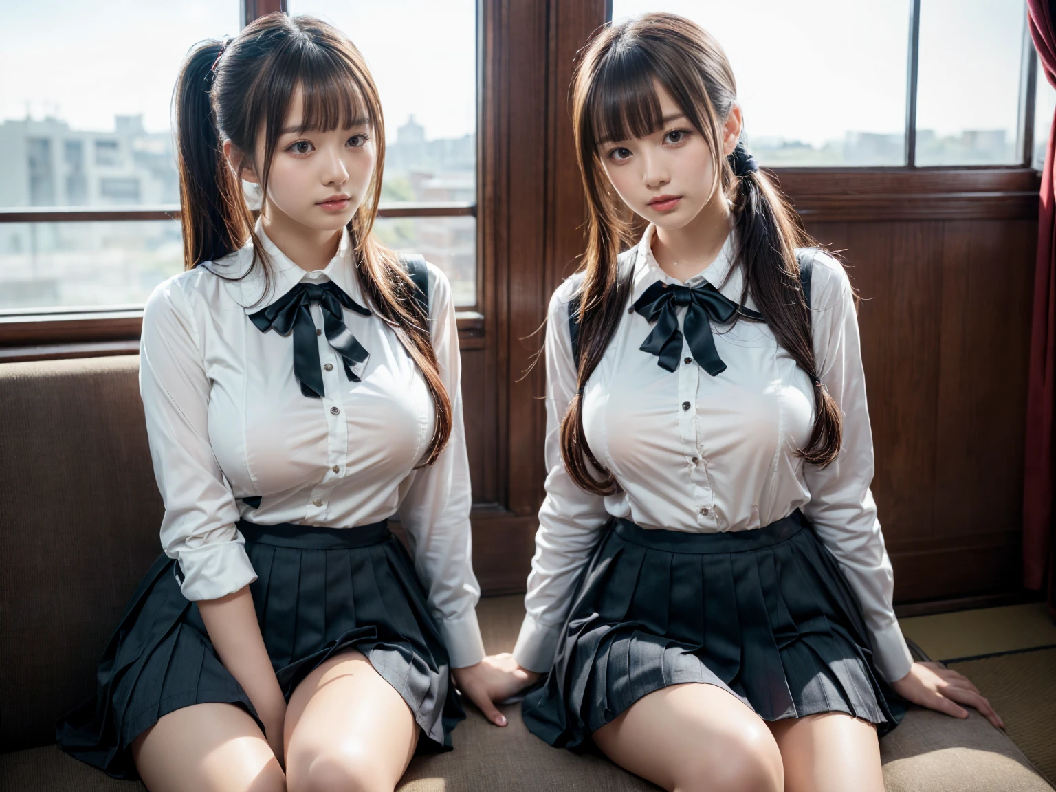 1young girls, supreme cuteness, Super beautiful detailed face, Highest Quality, Highest image quality, Top resolution, RAW Photos, Realistic, Photorealsitic, ultra detailed and beautiful, highest details, Beautiful fair skin and luster, Beautiful big eyes, gloss of lips, straight hair blown in the wind, slender body, (Beautiful big breasts:1.3), Open mouth slightly, cute smile, (hi-School uniform with wide open chest:1.5), (Exposing your chest:1.3), ((lace panties)), portrait of cute girl, view from below,