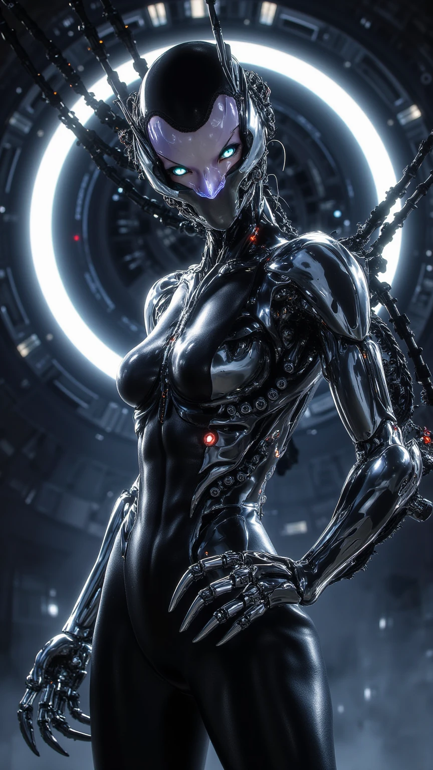 Full figure,full body shot,18 years old,wearing transparent science fiction clothes,exquisite face,details,hands,ultimate details,breathtaking grandeur,LED internal lighting,cyberpunk style,fibre optic hair,glowing blue iris,<lora:Faceless_Cyborgs-000014:1>, NOFACE,CYBORG,