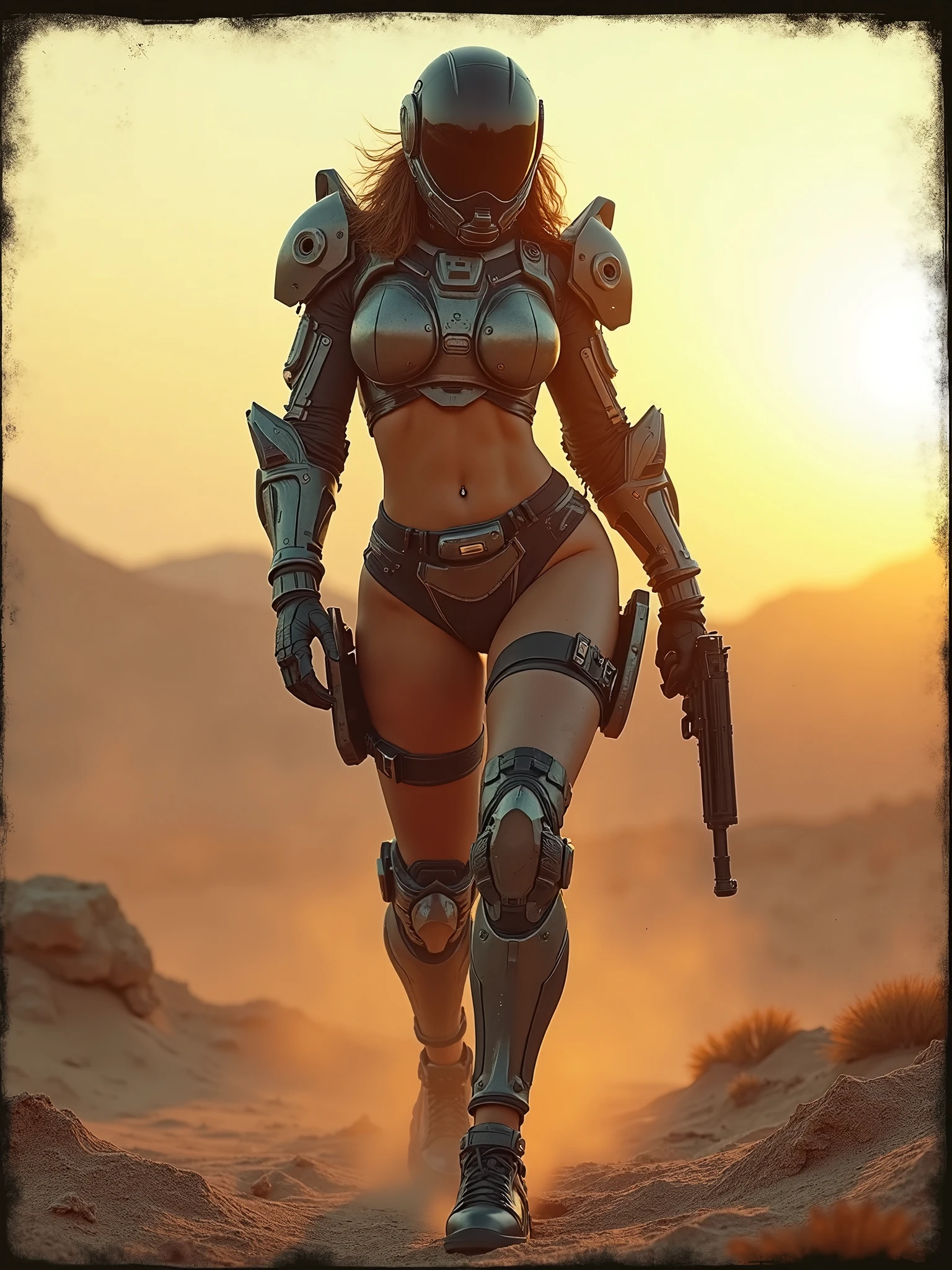 (from below:1.4), front view, (best quality, masterpiece, highest detailed), (photorealistic:1.2), (detailed light:1.2), (Realistic skin texture:1.4), raw photo, fallout theme, beautiful brunette, athletic build, ponytail hairstyle, muscular body, in  fantastic armor, black exoskeleton, posing in a gloomy desert, looking at the viewer, post-apocalyptic landscape