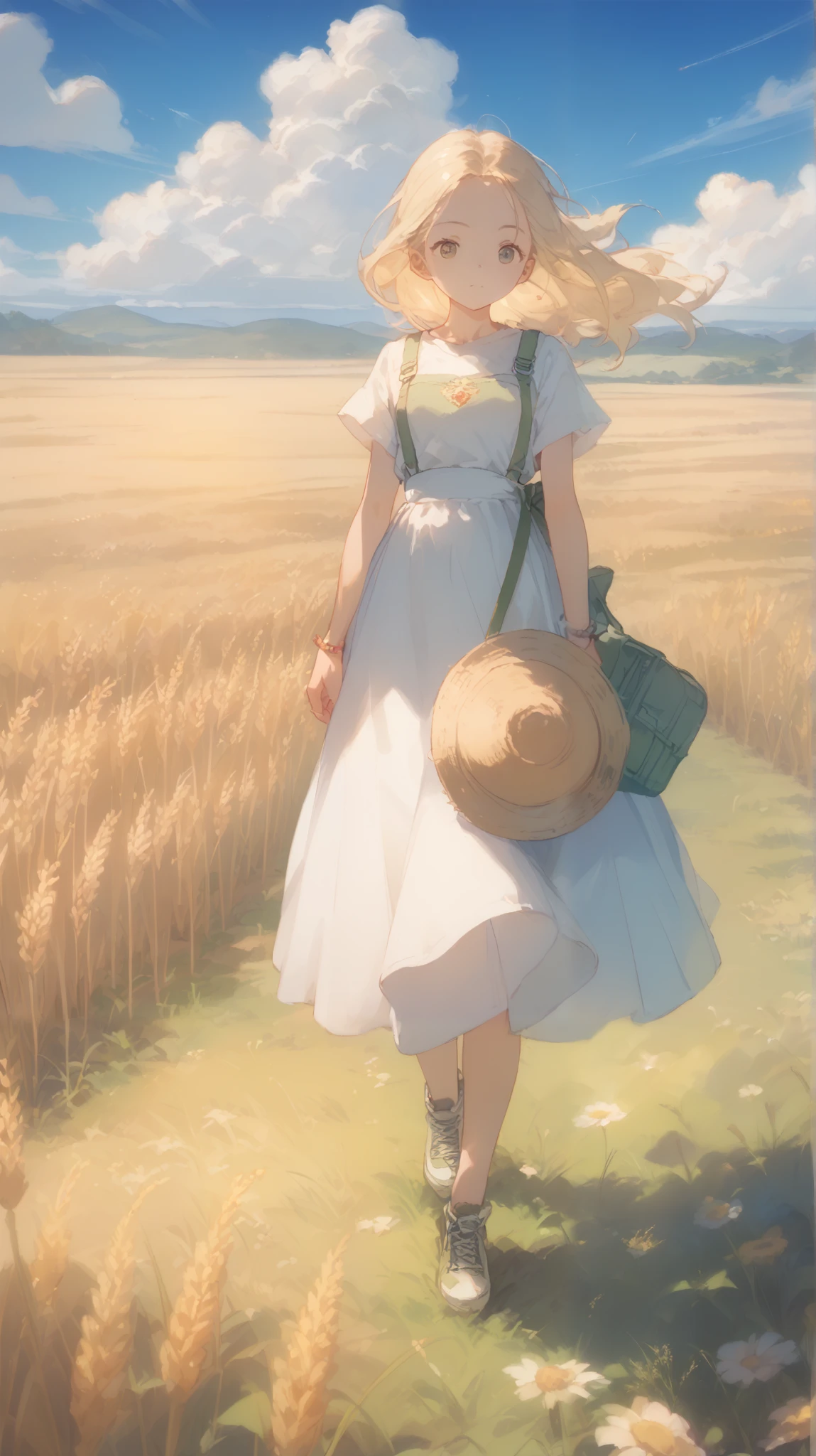 Fresh painting style,Full body angle:1.5,In the wheat field,With a girl,Avoid sunlight, bright sky, on the forehead, Anime Characters, super detailed, Extremely Realistic , Masterpiece,8k,Hyper HD,