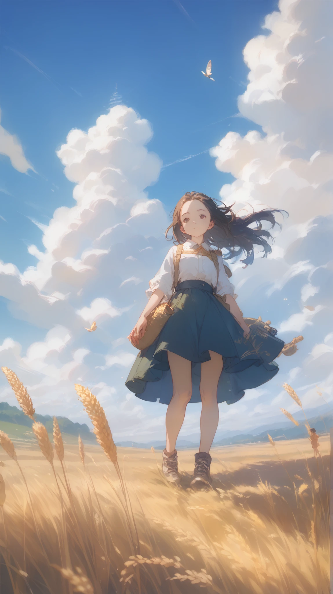 Fresh painting style，Full body angle:1.5,In the wheat field，With a girl，Avoid sunlight， bright sky， on the forehead， Anime Characters， super detailed， Extremely Realistic ， Masterpiece，8k，Hyper HD，