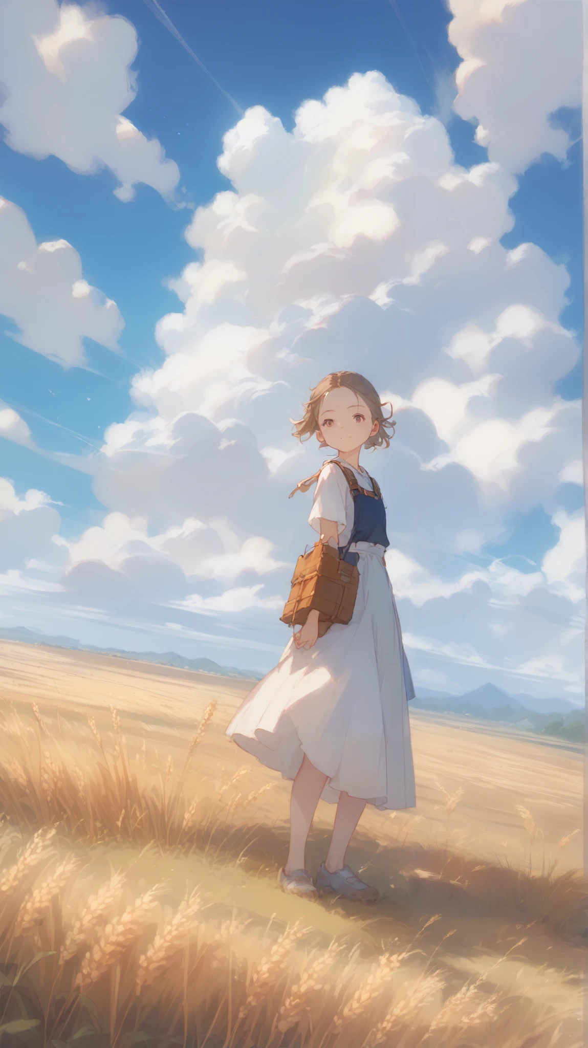 Fresh painting style,Full body angle:1.5,In the wheat field,With a girl,Avoid sunlight, bright sky, on the forehead, Anime Characters, super detailed, Extremely Realistic , Masterpiece,8k,Hyper HD,