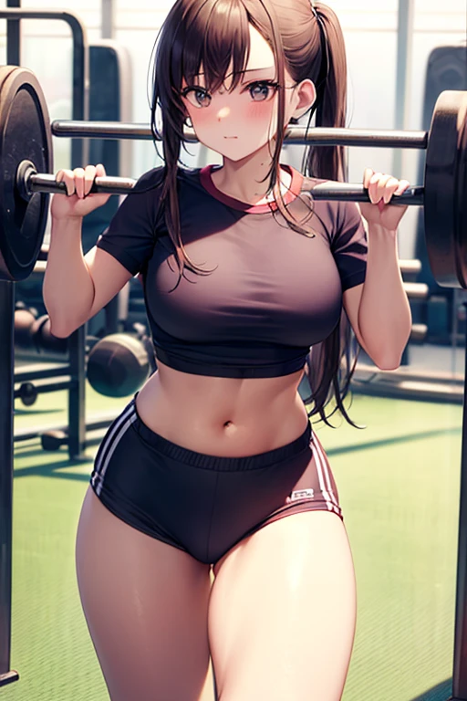 masterpiece, best quality, shadows, perfect hands, perfect legs, perfect anatomy, pretty face, mature features, 1 girl, 21 years old, MILF, mature woman, cinematography lights, black wavy hair, siren eyes, seductive eyes, pretty lips, thighs, ass, breast, seductive, spicy, posing, naughty, gym top, tight grey short, gym background,
