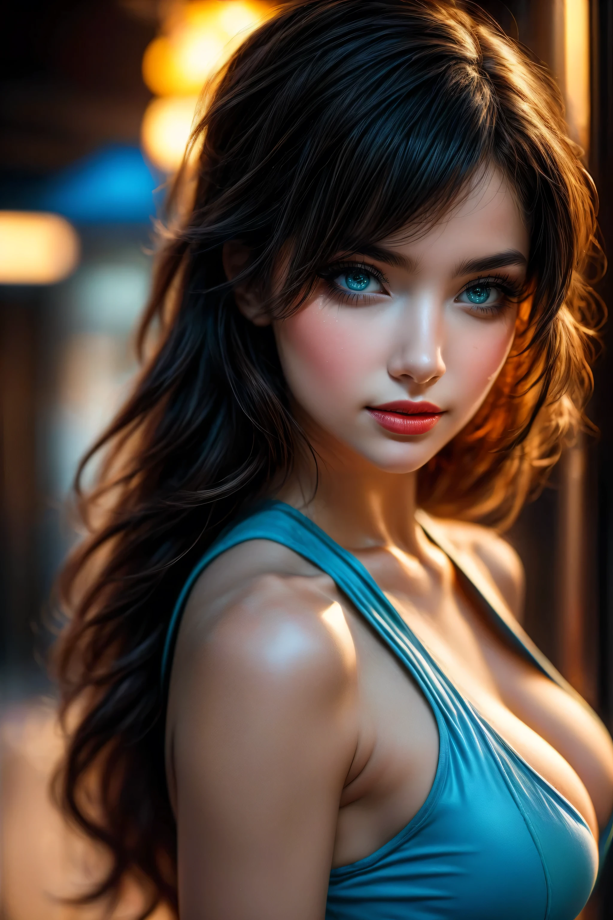 Portrait of a beautiful young woman with blue eyes, long curly hair, Dark hair, hair tied in a bun, big light blue eyes, rosy cheeks, red lipstick, A white spaghetti strap top, sun reflecting off face, perfect face, glitter, Oil paint painting, highly detailed, sharpness, Art By Adam Hughes, cinematic, 4k, epic Steven Spielberg movie still, sharp focus, emitting diodes, smoke, artillery, sparks, racks, system unit, motherboard, by pascal blanche rutkowski repin artstation hyperrealism painting concept art of detailed character design matte painting, 4 k resolution blade runner, <lora:add_detail:0.5>