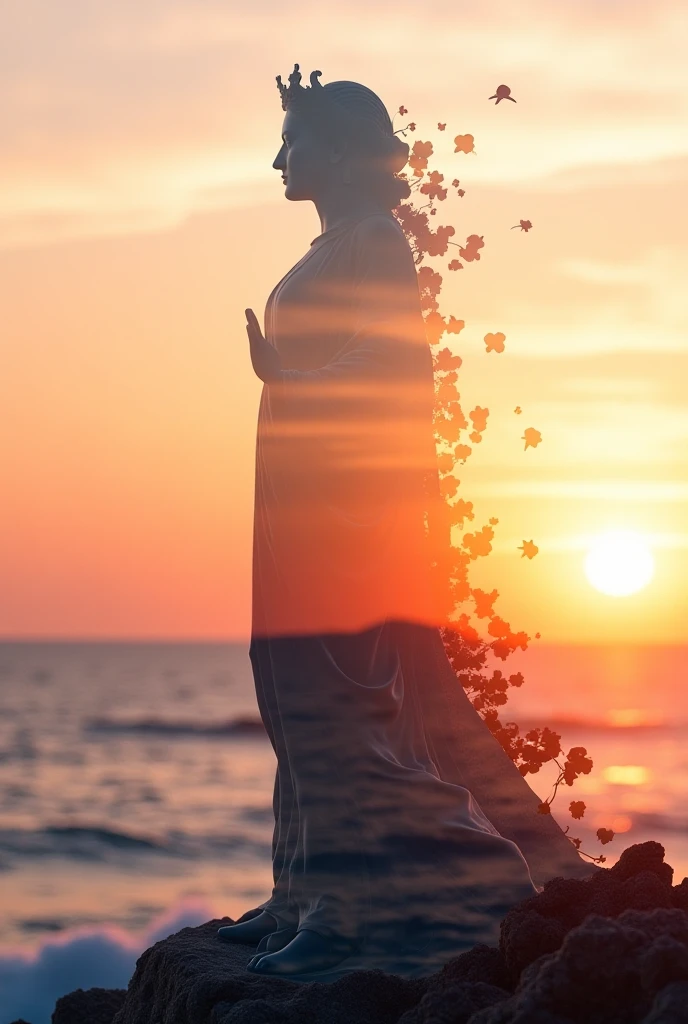 High quality，8k ultra high definition，美丽的Doubleexposure，Combining the silhouette of the goddess with the sunset coast， sunset coast should be used as the bottom background，Details are integrated into the silhouette of the goddess，Clear lines，The background is a monochromatic ，Focus sharp，Doubleexposure，Created by yukisakura，Gorgeous full color