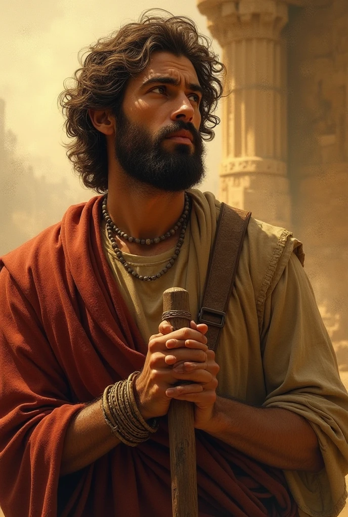  Visualize Prithviraj Chauhan after being blinded by Muhammad Ghori, sitting in a dark prison cell. His face should reflect both pain and determination, with a focus on his eyes, covered or wounded, hinting at the suffering he endured.