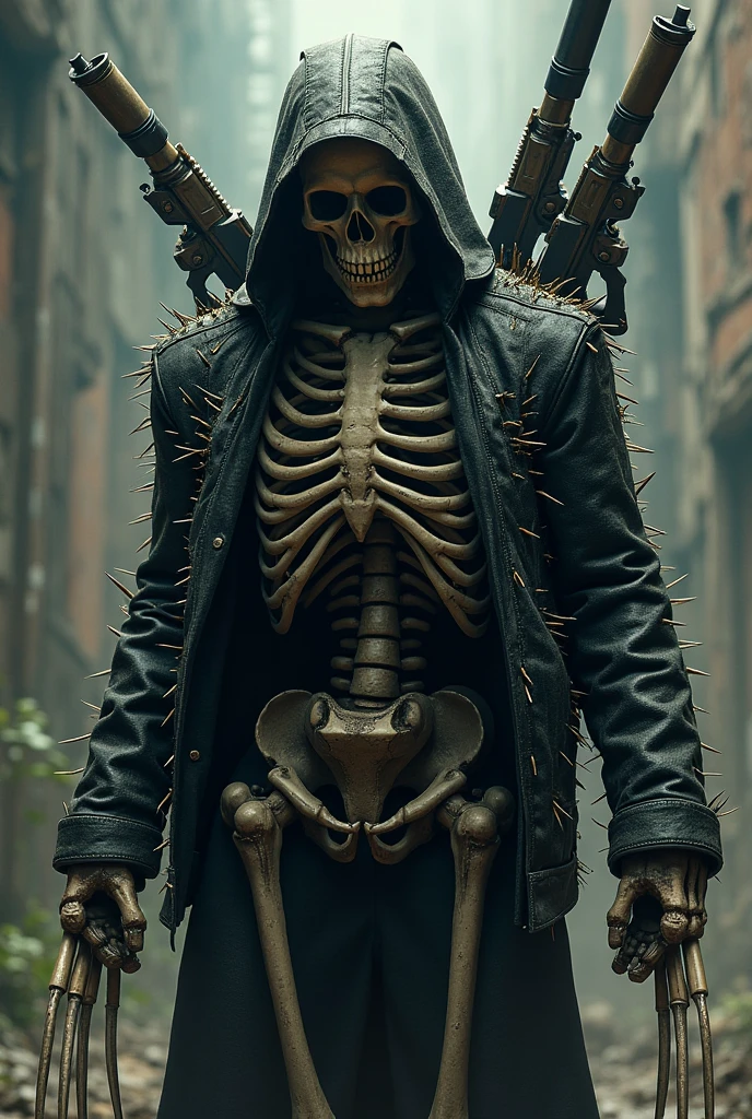 skullish, horn on head, No eyes, black cloack, skeletor, apavorante, The background is a cemetery, com corpo inteiro de skeletor, serious face with a bone cane