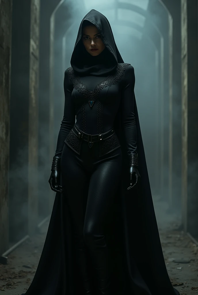 Female sith, buzzcut, dark skin, black body armor, black robe, standing, frontal, black hood