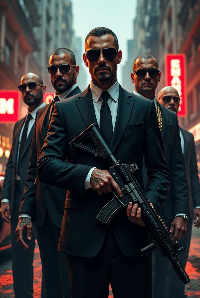 Create me a photo of the Armenian mafia with weapons and vehicles 