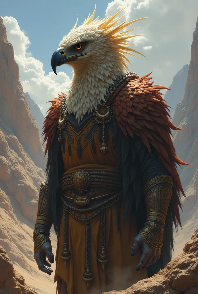 male vulture, solo, masterpiece, best art, by dan mumford, by oouna, torn sash, detailed hands, detailed eyes, detailed torso, temple, proud expression, night, moon, abs, pecs, warrior