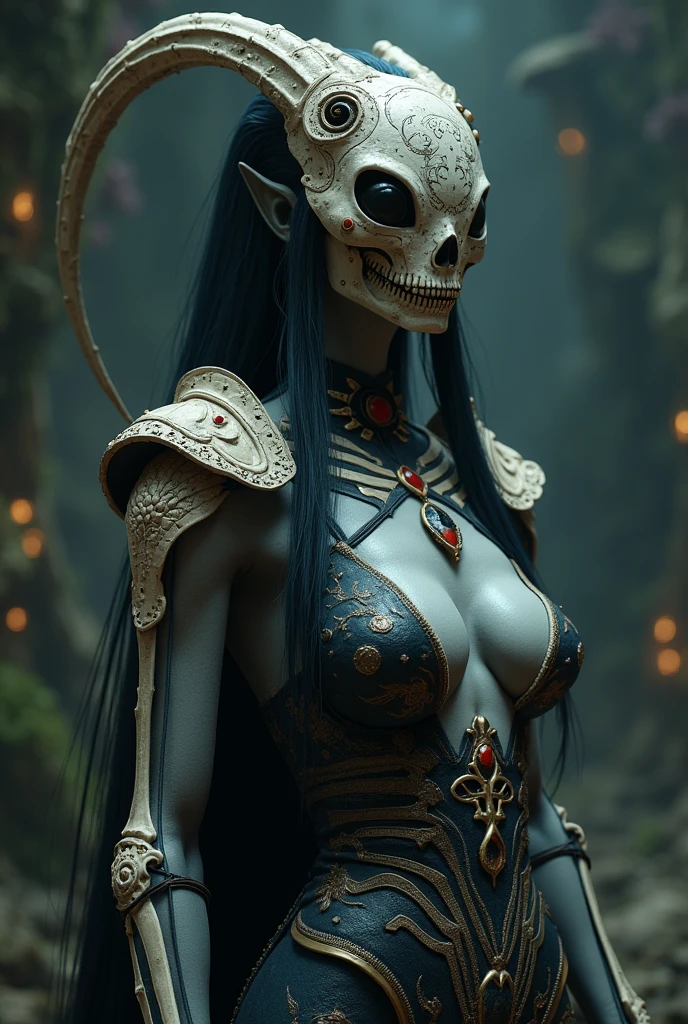 ( High quality , Ultra-detail, carefully with your hand )tarot card, chiaroscuro technique on sensual illustration of an queen of sword, a age fashion model wearing an exo-skeleton mask, vibrant colors, futuristic cyberpunk style, intricate details, cinematic lighting, dramatic pose, an elegant complex bio mechanical onyx and gold, intricate details, official art, unity 8k wallpaper, ultra detailed, beautiful and aesthetic, (in a room with black walls illuminated by violet neon lights :1.1)