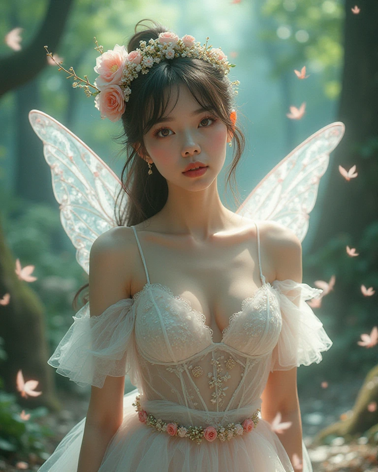 Special clothes44,lace trim,midriff,shirt,miniskirt,, ((knee shot)), photorealestic、real photograph、((realisticlying:1.5))、周围头发有白butterflys兰，Lilac dendrobium、white lilies、1 girl in、Brown hair、floated hair、Hazy beauty、A plump chest, cleavage, slender leg, Seductive legs, posing elegantly, Have extremely beautiful facial features、Hairpin on the head、perfect hand、(springtime、raining day、butterflys、precipice)、 vectorial art、Chinese contemporary art、Soft lighting、looking-down