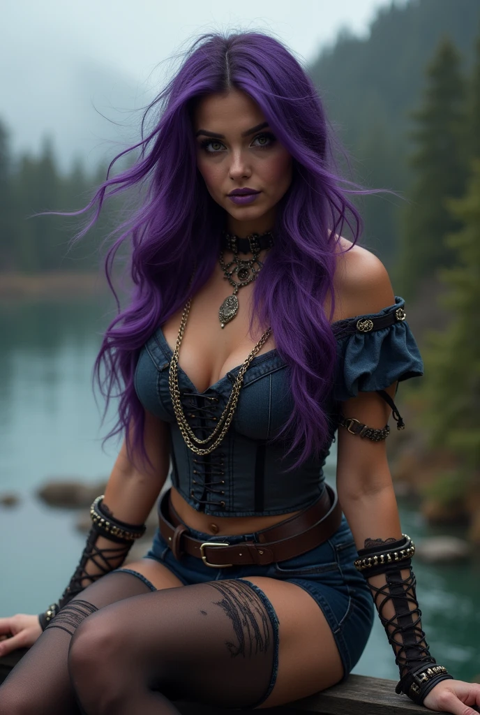 Russian, Nordic, Celtic, Scandinavian, (((long wavy purple hair, long loose purple hair, long purple layered hair, dark purple messy hair, face covered by hair, wind blowing hair, hair in face, pulled back hair))), (((dark exotic eyes, tan skin))), (((chains, collar, choker, cuffs, bracelets, ring))), (((black eye makeup, black lipstick makeup))), (((white, lace, filigree, midriff, corset, sleeves, low-cut jeans)))), (((curvy, thick, medium size, provocative, seductive))), enchanting gaze, captivating pose, (((forest, woods, park, river, stream, pond, lake, waterfall, cherry blossoms, Sakura, Aurora, northern lights, moonlight, nighttime, night scene, clouds))), (((content, happy, glow))), modeling, hands in hair