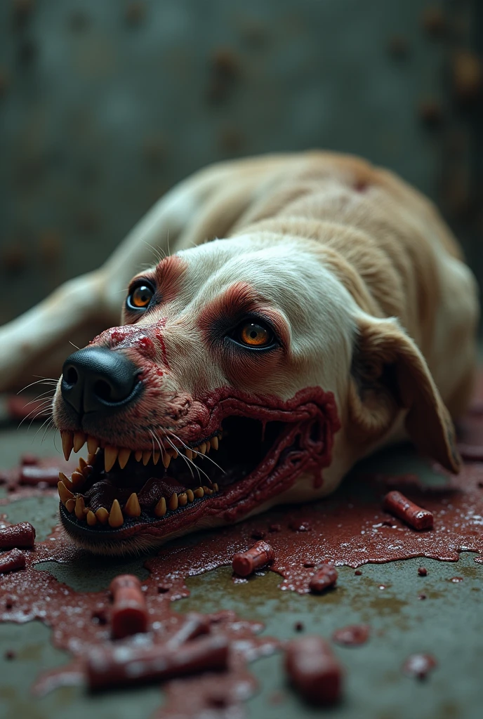 A dog with only its skin left Bone went looking for food in the landfill. He lay there convulsing violently and vomiting blood violently. His whole body was swollen with pus.He was breathing heavily.The dog has ulcers all over his body and he on verge of dying because he eat dog bait.He dead and start rotten
