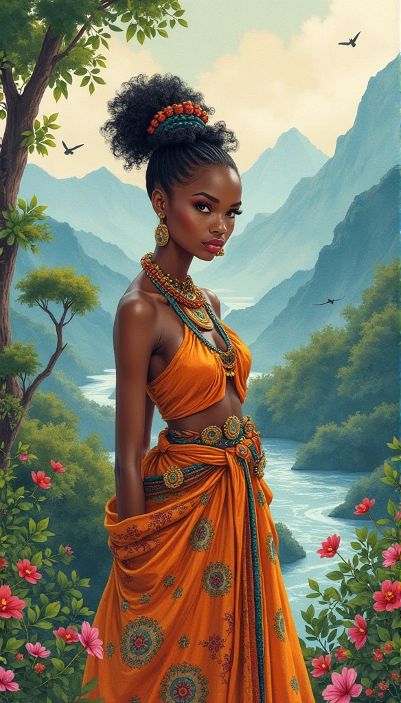1 garota afro-americana, bombeira, Forest of green trees, cercado pela chuva, illustration style, motion blur, long full-body exposure, exquisite facial features, Chinese styleink style, estilo de artes marciais, Foco seletivo, panorama, (Bokeh:1.5)