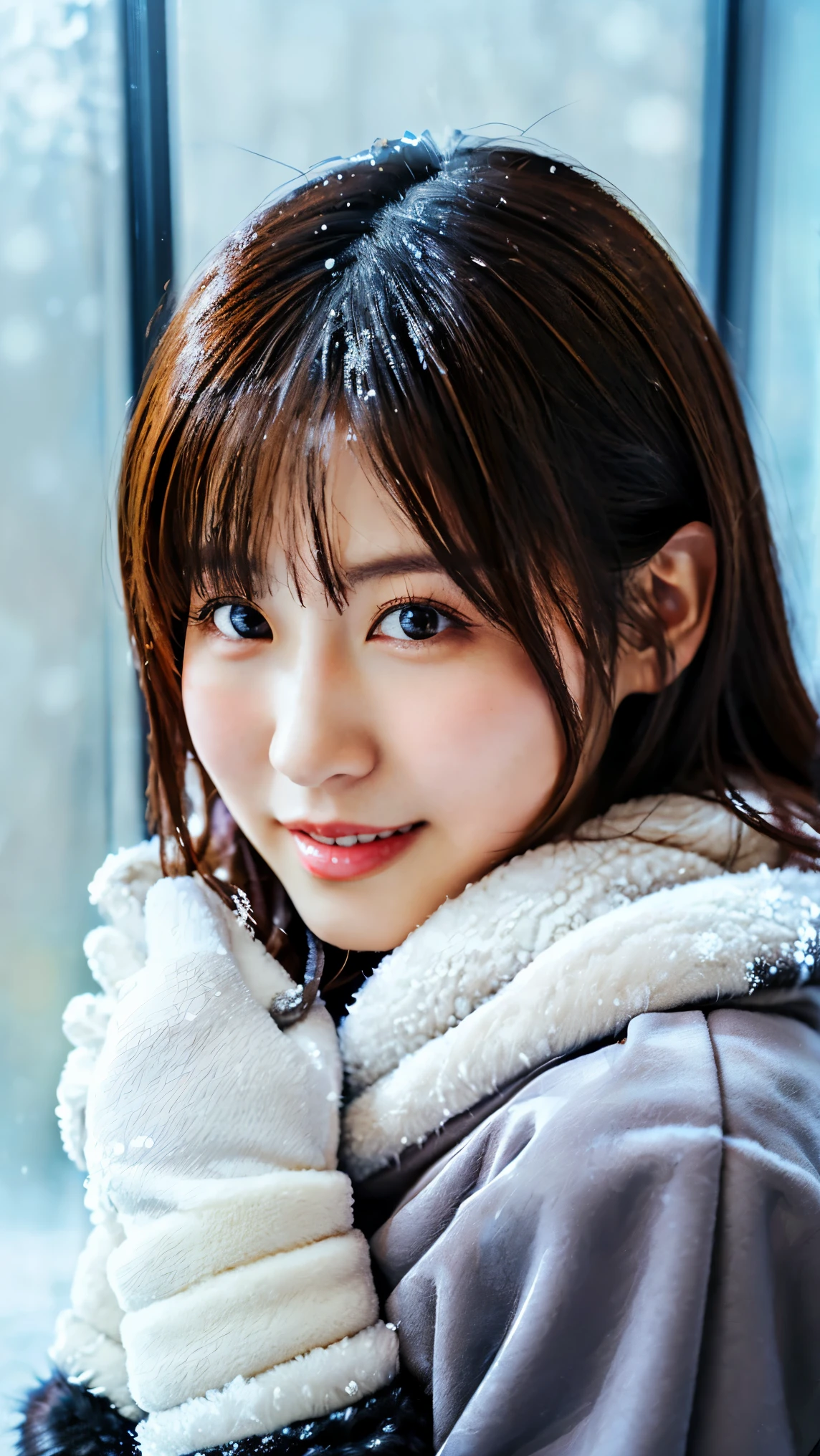 ( fur coat and scarf and gloves : 1.4), ( through a snowy background through glass : 1.4), (コーラス : 1.5), bangs, smile, ((white indoor )), Young and Adorable Japanese Face Riding on a Snow Background at Night , Official Art, high image quality CG Unity 8k wallpaper,Ultra high image quality , very well detailed , Half photo , high image quality , Kodak Portrait 400 , Film Grain , Lens Flare Glow , top quality ,8k, profile portrait ,8k, Show Viewer , (( Masterpiece)), (( top quality )), ( very well detailed ), (( cute)), (( sexy)), (( very well detailed な)), ( different service features), ( beautiful), illustrations, beautiful Japanese woman, (( 1 female )), ( Disconnect (years ) : 1.3)