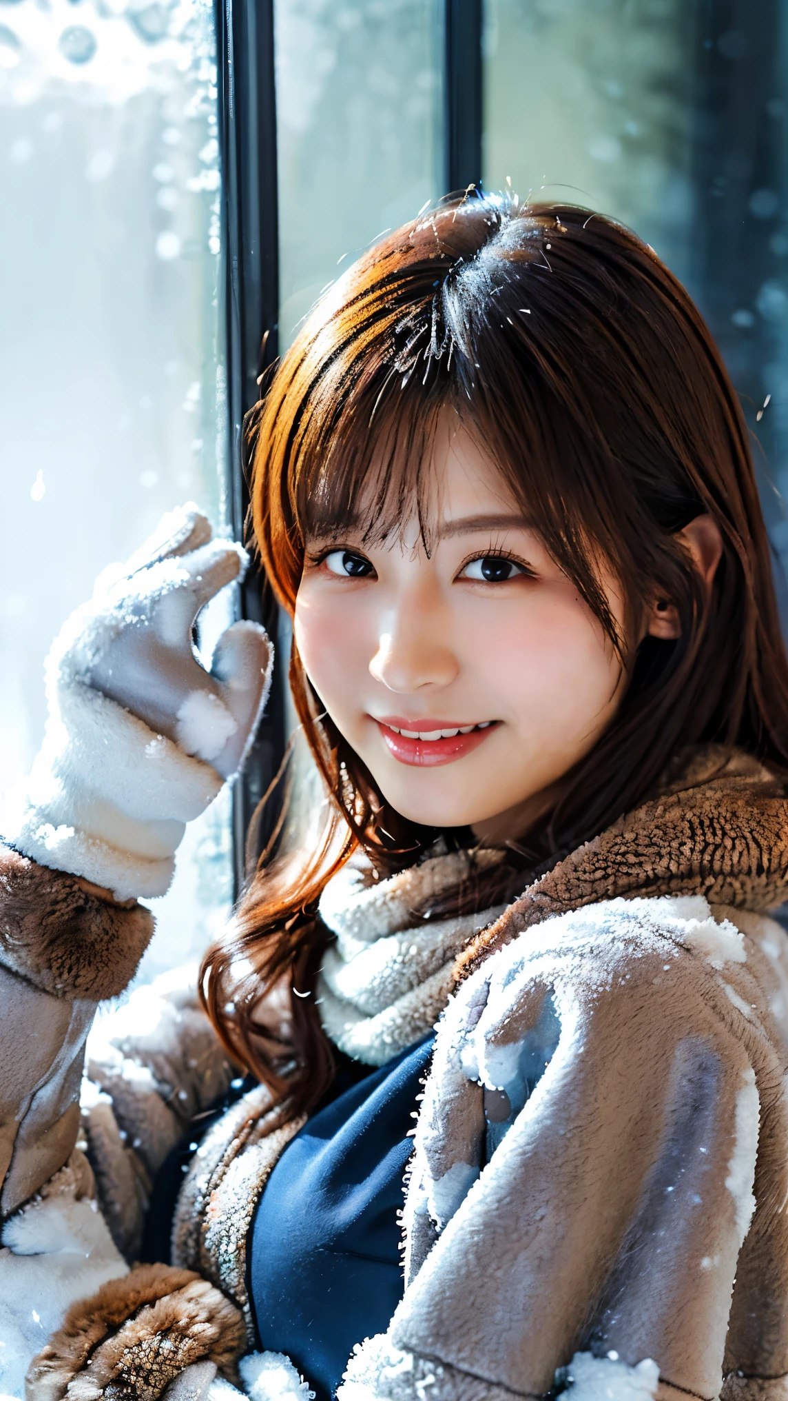 ( fur coat and scarf and gloves : 1.4), ( through a snowy background through glass : 1.4), (コーラス : 1.5), bangs, smile, ((white indoor )), Young and Adorable Japanese Face Riding on a Snow Background at Night , Official Art, high image quality CG Unity 8k wallpaper,Ultra high image quality , very well detailed , Half photo , high image quality , Kodak Portrait 400 , Film Grain , Lens Flare Glow , top quality ,8k, profile portrait ,8k, Show Viewer , (( Masterpiece)), (( top quality )), ( very well detailed ), (( cute)), (( sexy)), (( very well detailed な)), ( different service features), ( beautiful), illustrations, beautiful Japanese woman, (( 1 female )), ( Disconnect (years ) : 1.3)