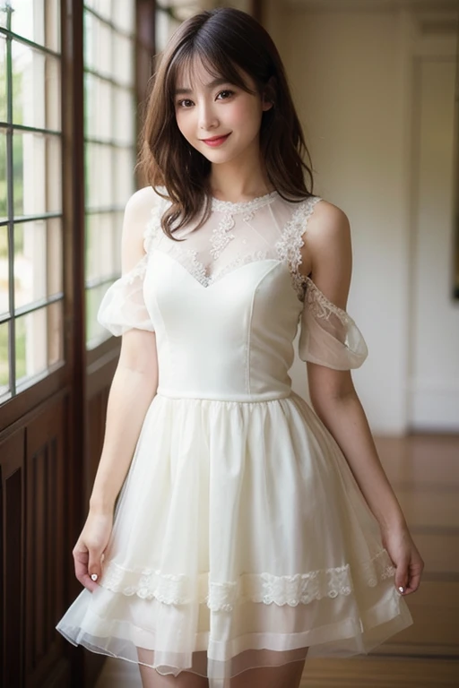 8K、Highest quality、(beautiful)、Precision Eyes、Brown Hair、looking at the camera、Soft Breasts、smile、Shooting from below、Cute frilly mini dress、Standing posture、Twisting the dress