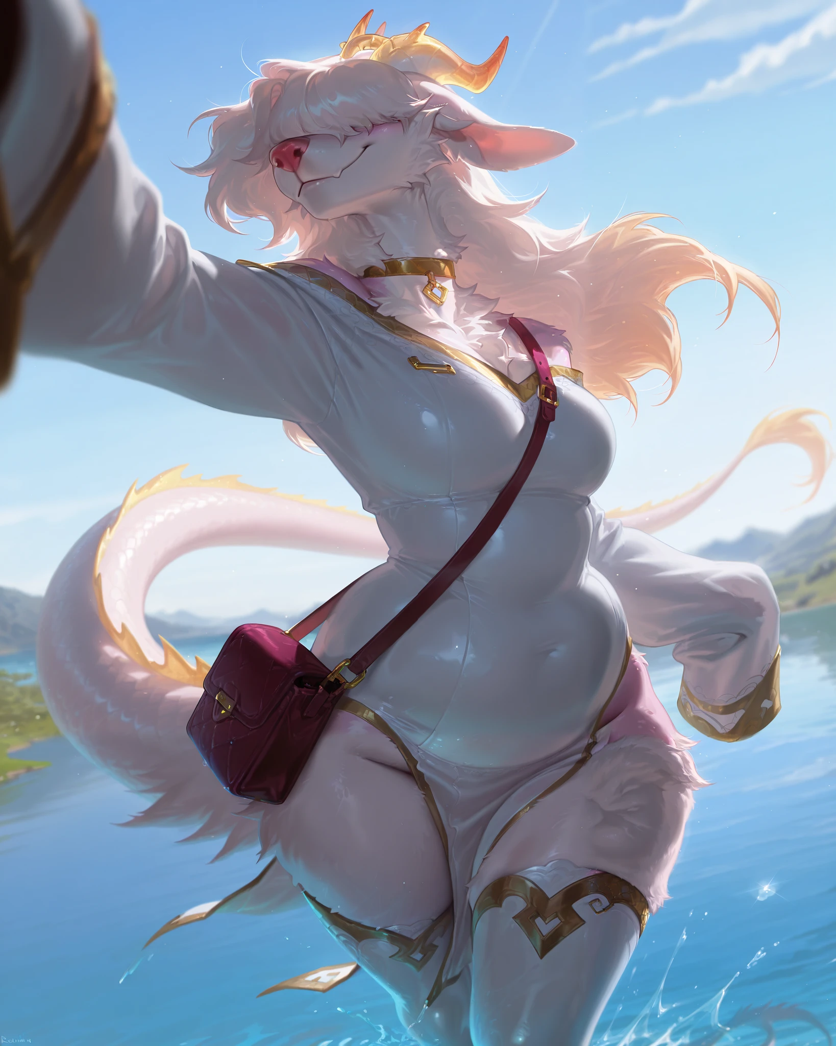 best quality, masterpiece \(quality\), L0LSPL4SH, year2024, year2023, West Studio, sixmorevodka, 1girl, by Riolutiny, solo, anthro dragon, dragon dog, white fur, fluffy dragon, white dragon tail, medium breasts, (wide hips), ((chubby:1.5)), thick thighs, curvaceous, water, pelvic curtain, thigh boots, sleeves past fingers, choker, satchel bag, ((round ears)), fluffy hair, ((pink dog nose)), white long hair, (light brown dragon horns), lowered ears, hair over eyes, long neck, tall dommy mommy, (playful, posing), albino (fluffy), pink nose, happy, L0LSPL4SH, blurry foreground, blurry background