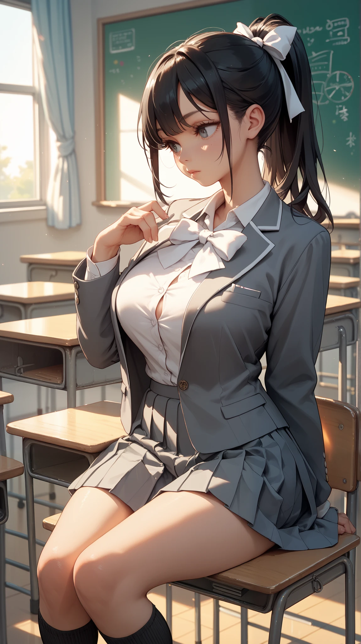 (((masterpiece))), ((best quality)), ((intricate detailed)), ((Hyperrealistic)), absurd res, ((MILF)), 30 years old, mature woman, highly detailed, illustration, 1girl, (large breasts), perfect hands, detailed fingers, beautiful detailed eyes, short hair, black hair, brown eyes, classroom, (Korea school uniform:1.2), (school jacket shirt:1.2), ( skirt:1.2), long school necktie, sneakers, detailed background, perfect eyes, seductive eyes, seductive smile, seductive pose, looking at the viewer, sexy poses, from front <lora:odaNonStyle_v10Fix:0.6> <lora:koreandolllikenessV20_v20:0.5>, full body, sitting on a chair, <lora:sxz-niji-v2:0.4> <lora:odanon-lora-v1-128dim-10ep-novae:0.4> <lora:danniashe-#r.768,768#d.256#a.256#l.1#u.1#t.1#s.cosine#e.:0.2>