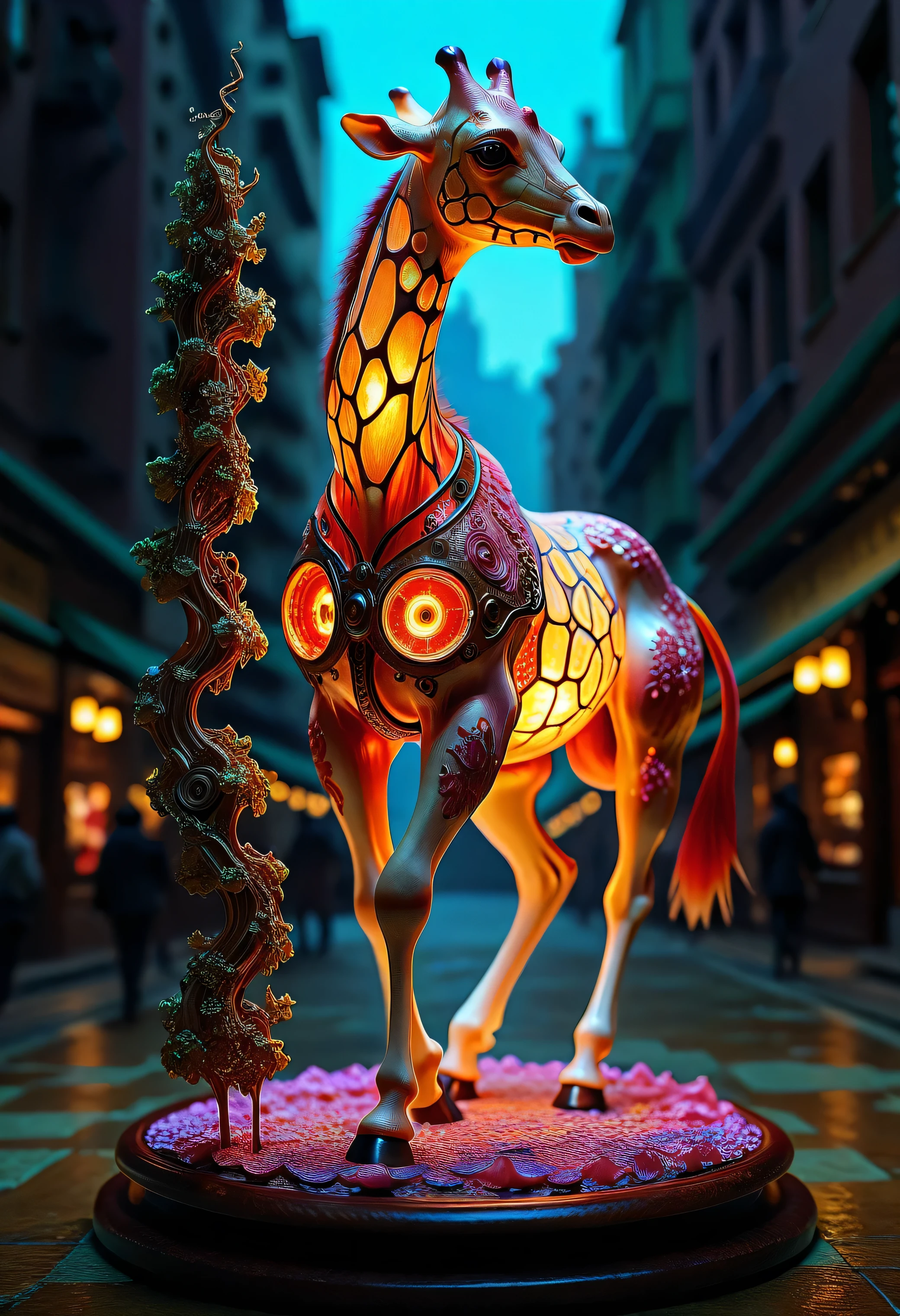 safe_pos, (score_9, score_8_up:1.1), score_7_up, photorealistic, rating:explicit An 8k hyperreal vision where a translucent giraffe, adorned with flickering clockwork gears and iridescent metallic veins, floats above a surreal mosaic of melting neon stone and liquid light. Fractal ripples distort the horizon, where familiar urban silhouettes blend with impossible, weightless sculptures of cosmic flora and steampunk cogs. Molten marbles of vibrant hues defy gravity in an upward cascade, challenging the boundaries of physics and time. Ethereal and enigmatic, the scene pulses with a dreamlike tension, merging organic life with mechanical precision. An aura of mystic entropy blankets the tableau, as soft luminescent clouds and vivid venous streams combine to form an uncanny labyrinth of reality and abstraction, evoking both wonder and disquiet in a single, mesmerizing instant. .,,, absurdres, masterpiece,, Expressiveh choker, anklets, , flux-style ((masterpiece, Highest quality, Best image quality, High resolution, Realistic, RAW Photos, 8k, Highly detailed)) 4lch3my_l4b CyberRealistic_Negative_PONY