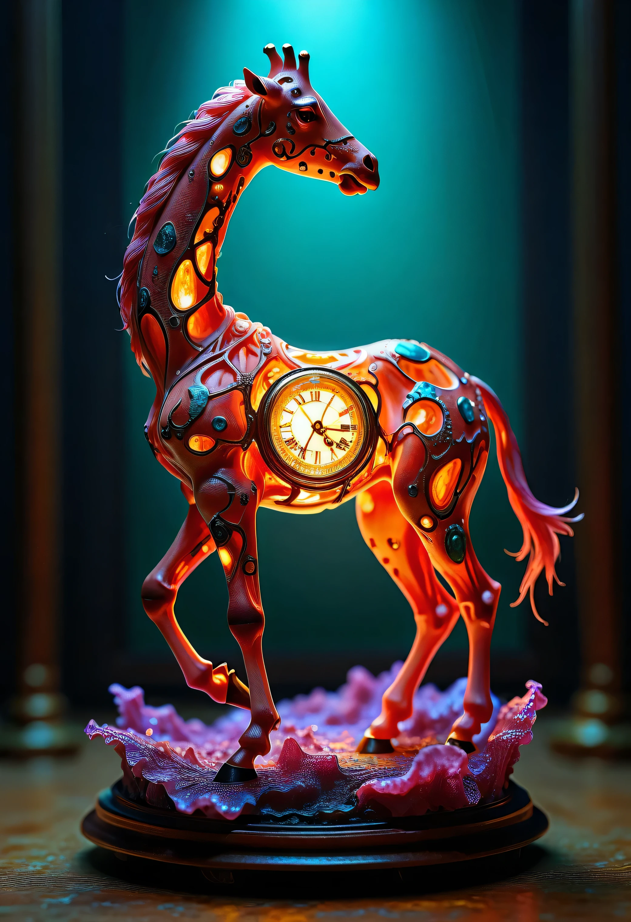 safe_pos, (score_9, score_8_up:1.1), score_7_up, photorealistic, rating:explicit An 8k hyperreal vision where a translucent giraffe, adorned with flickering clockwork gears and iridescent metallic veins, floats above a surreal mosaic of melting neon stone and liquid light. Fractal ripples distort the horizon, where familiar urban silhouettes blend with impossible, weightless sculptures of cosmic flora and steampunk cogs. Molten marbles of vibrant hues defy gravity in an upward cascade, challenging the boundaries of physics and time. Ethereal and enigmatic, the scene pulses with a dreamlike tension, merging organic life with mechanical precision. An aura of mystic entropy blankets the tableau, as soft luminescent clouds and vivid venous streams combine to form an uncanny labyrinth of reality and abstraction, evoking both wonder and disquiet in a single, mesmerizing instant. .,,, absurdres, masterpiece,, Expressiveh choker, anklets, , flux-style ((masterpiece, Highest quality, Best image quality, High resolution, Realistic, RAW Photos, 8k, Highly detailed)) 4lch3my_l4b CyberRealistic_Negative_PONY