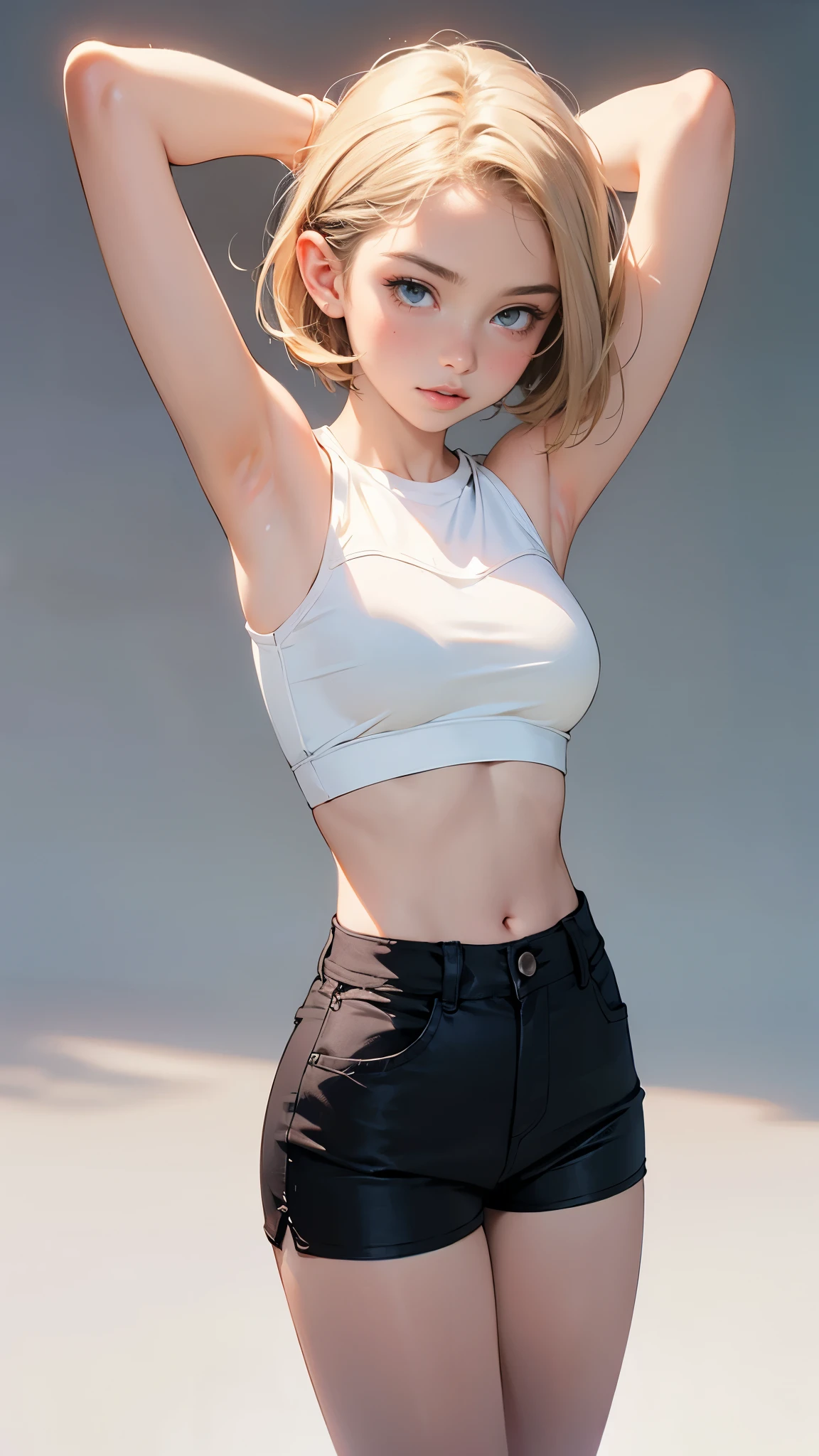(Cute tween fashion model:1.5), 3/4 photo, bust focus, natural light, tomboy, skinny, thin, slim, lean, slender, nubile, posing for picture, very short hair, blonde hair, blueeyes, natural lighting, armpits, thin waist, thin hips, perfect lips, fat lower lip, young, youthful, , ager, busty , huge breasts, grey background, tight crop top, tiny shorts