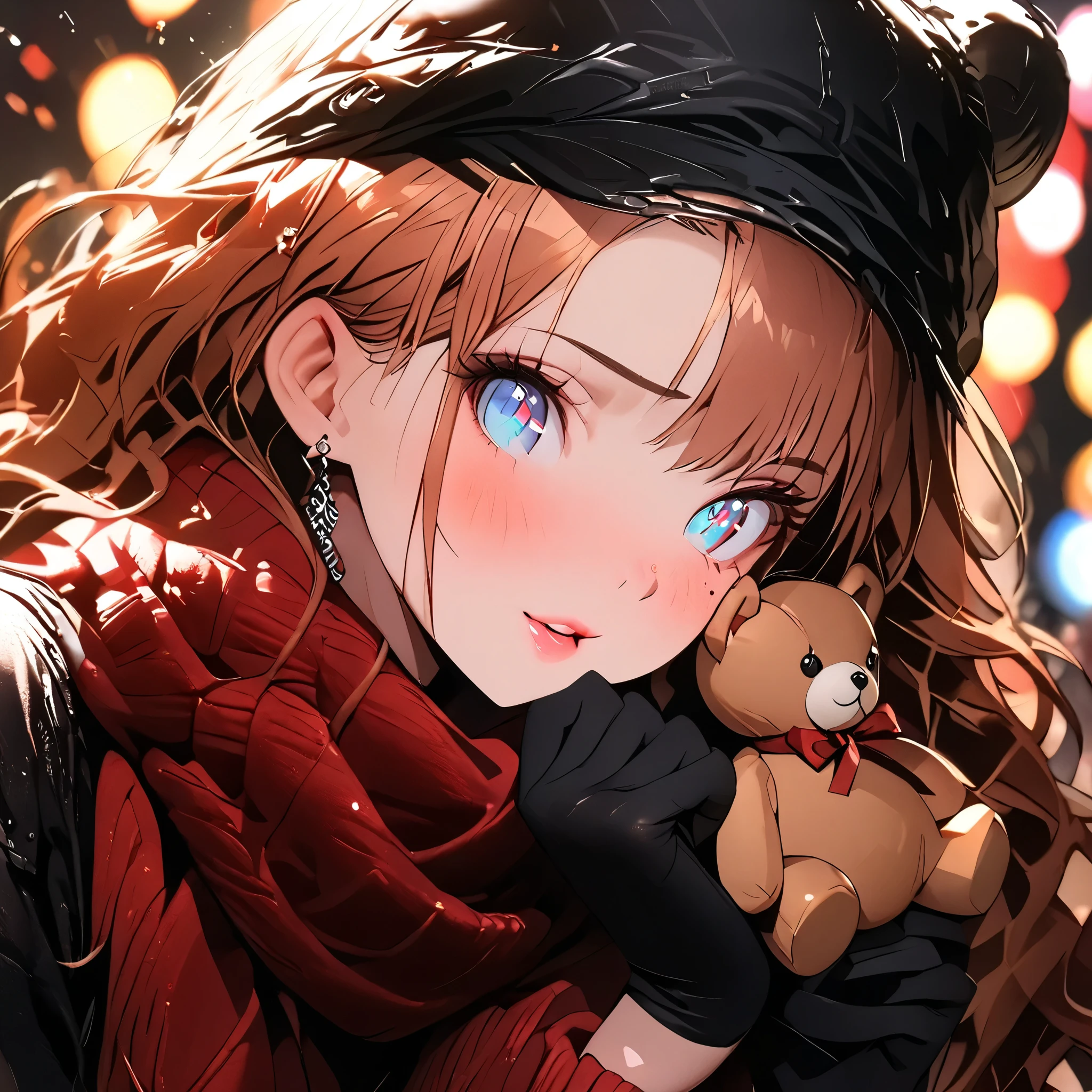(beautiful girl:1.3),1girl,masterpiece,Highest quality,Ultra-high resolution,rich contrast,super high quality,8k,Highly detailed CG unit wallpaper,texture,Incredibly absurd,Ultra-high resolution,Highest quality anime,professional photograph,an extremely delicate and beautiful,RAW Photos,Depth of Field 1.2,ultra-detailed eyes,Glitter Effect, Beautiful glossy lips, 25years old, gorgeous legs, noise perfect, gorgeous ass, Disney Princess Merida, full body, MeridaXLP, freckles, wavy hair, no bra, sensual woman, seductive woman, mature woman, Milf, maternal, shy look, dynamic pose, Setting: A fair with neon lights, She is holding a teddy bear with a red bow and several heart balloons float around her. Her eyes reflect love and sweetness, Outfit: An oversized burgundy sweater with a turtleneck, leather leggings and tall black boots. Accessories: Wool gloves, a scarf in pink tones and a knitted hat with a pompom. Hair and makeup: natural makeup with a little highlighter and raspberry lips. in a cafeteria decorated with garlands of hearts,