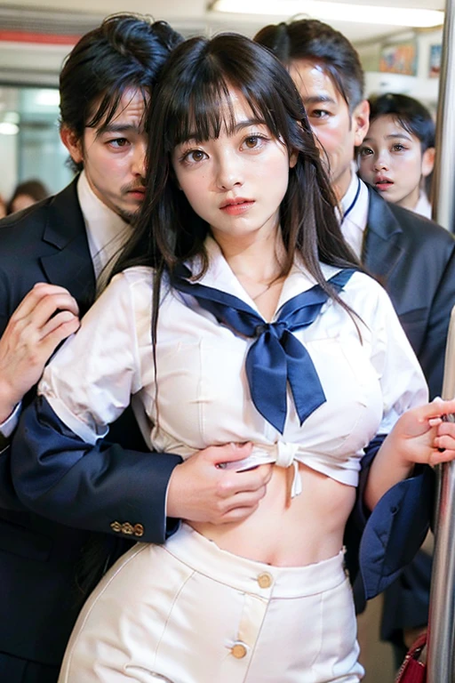 on a crowded train、 surrounded by many guys 、 very beautiful and cute girl o - SeaArt AI