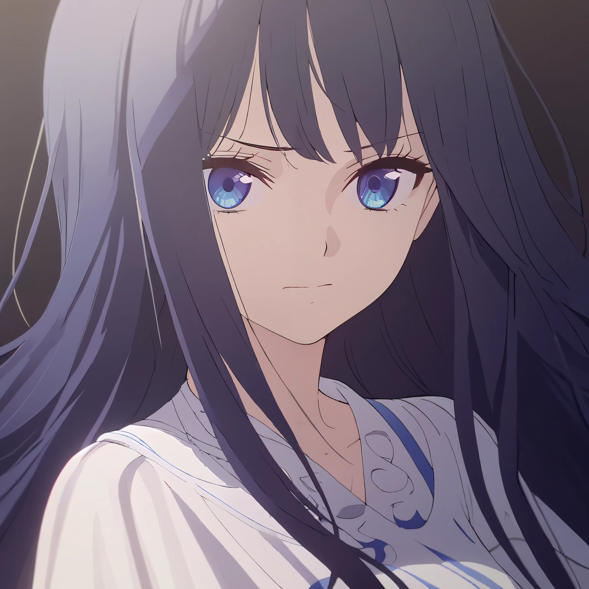 masterpiece, best quality, solo, 1girl, dark blue hair, long hair, cerulean blue eye, medium breast, one piece white dress, standing, looking at viewer, close up, black background, faint smile