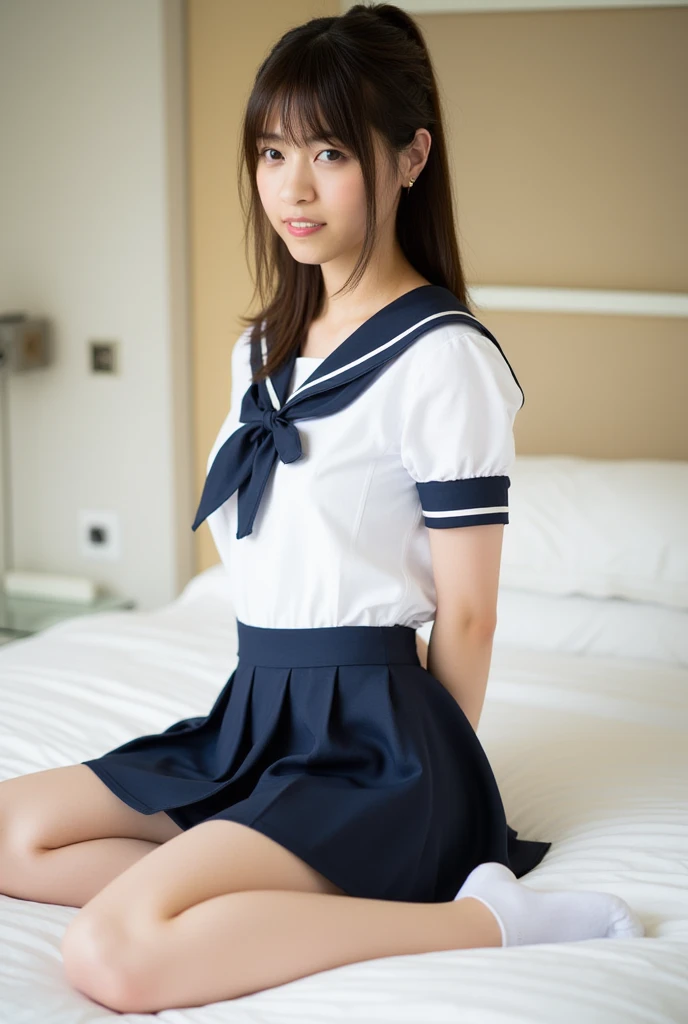 Araf asian woman in uniform lying on bed, cute schoolgirl, high school girl posing, Japan schoolgirl school uniform, wearing Japan uniform, surreal high school girl, Japan school uniform, surreal schoolgirl, young sensual gravure idol, young cute gravure idol, realistic schoolgirl, young gravure idol, ((schoolgirl in pure white underwear 1.2)), (( White plain underwear 1.2)), schoolgirl with legs spread wide, schoolgirl in navy blue socks, holding and spreading legs