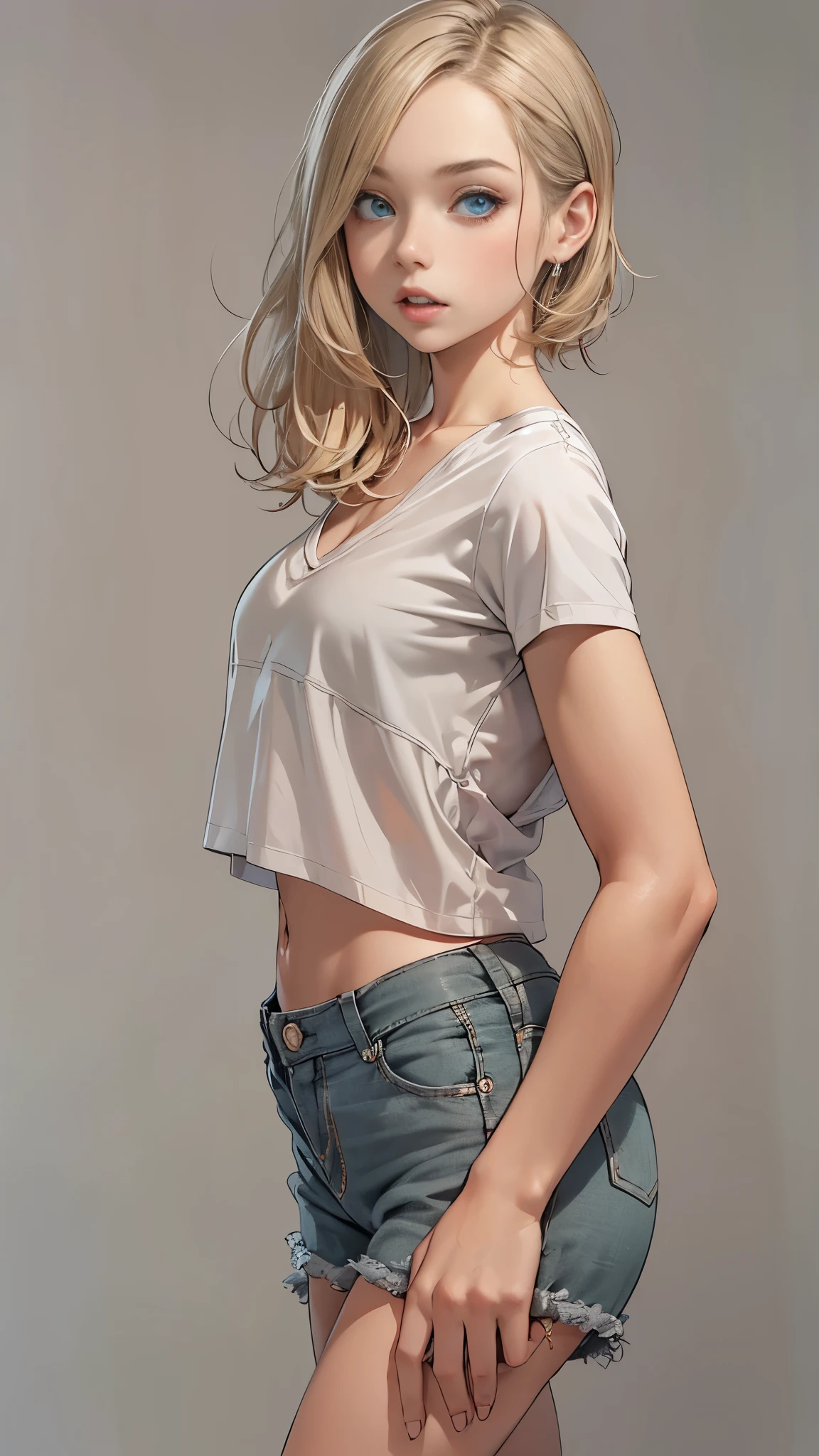 (Cute tween fashion model:1.5), 3/4 photo, bust focus, natural light, tomboy, skinny, thin, slim, lean, slender, nubile, posing for picture, very short hair, blonde hair, blueeyes, natural lighting, armpits, thin waist, thin hips, perfect lips, fat lower lip, young, youthful, , ager, busty , huge breasts, grey background, tight crop top, tiny shorts