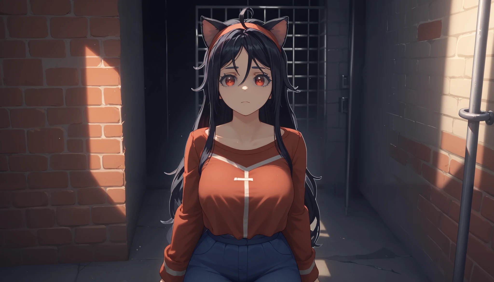 meter , long hair, periphery, , ((cat girl, cat ears)), (red eyes), ( long hair ), (( black hair, (Ahoge),, multicolored , Unscrewed , headband , choke,Break shirt, shirtless , bra attached to a lace coat , ,Break looking at viewer,Break (Masutepiece:1.2), the best quality, hat, unity wallpaper 8k , ( illustration :0.8), ( beautiful and detailed eyes:1.6), extra detailed face , perfect lighting , extremely details CG , ( perfect hands , perfect anatomy ), 、 big, full breasts 、 with a worried face 、 cowboy shot、 thighs thighs thighs thighs 、 background in a prison , darkness, gray brick , handcuffed in a pipe , disheveled hair , messy hair