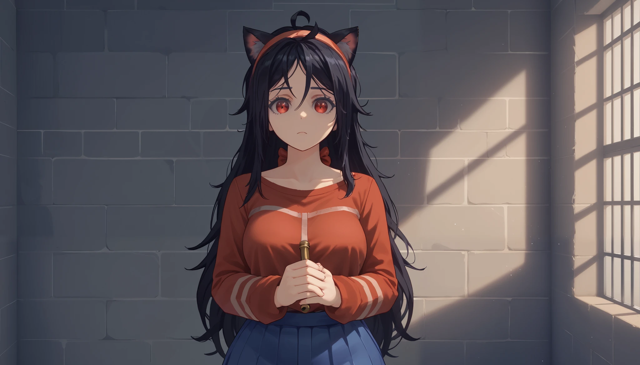 meter , long hair, periphery, , ((cat girl, cat ears)), (red eyes), ( long hair ), (( black hair, (Ahoge),, multicolored , Unscrewed , headband , choke,Break shirt, shirtless , bra attached to a lace coat , ,Break looking at viewer,Break (Masutepiece:1.2), the best quality, hat, unity wallpaper 8k , ( illustration :0.8), ( beautiful and detailed eyes:1.6), extra detailed face , perfect lighting , extremely details CG , ( perfect hands , perfect anatomy ), 、 big, full breasts 、 with a worried face 、 cowboy shot、 thighs thighs thighs thighs 、 background in a prison , darkness, gray brick , handcuffed in a pipe , disheveled hair , messy hair