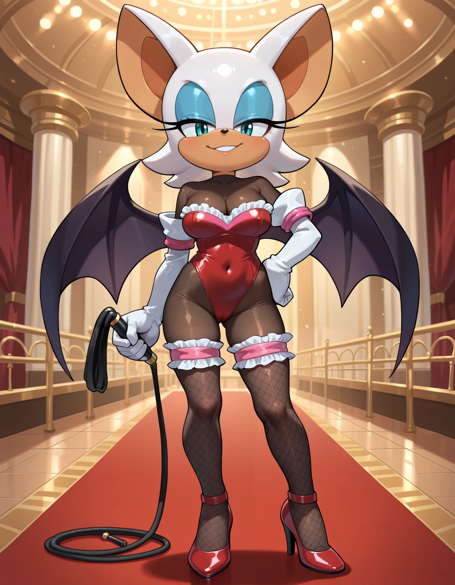 masterpiece, best quality, amazing quality, very aesthetic, absurdres, source furry, ((Rouge the bat)), ((short body)), half closed eyes, cyan eyes, blue eye makeup, (seductive stare), (looking at viewer), indoors, circus background, spectacle, tigers in background, red high heels, white gloves, red leotard, white frills, black transparent bodystocking, covered navel, navel, black see through fishnet stockings, (bat wings), standing, one hand on hip, medium breasts, deep cleavage, smile, holding a whip