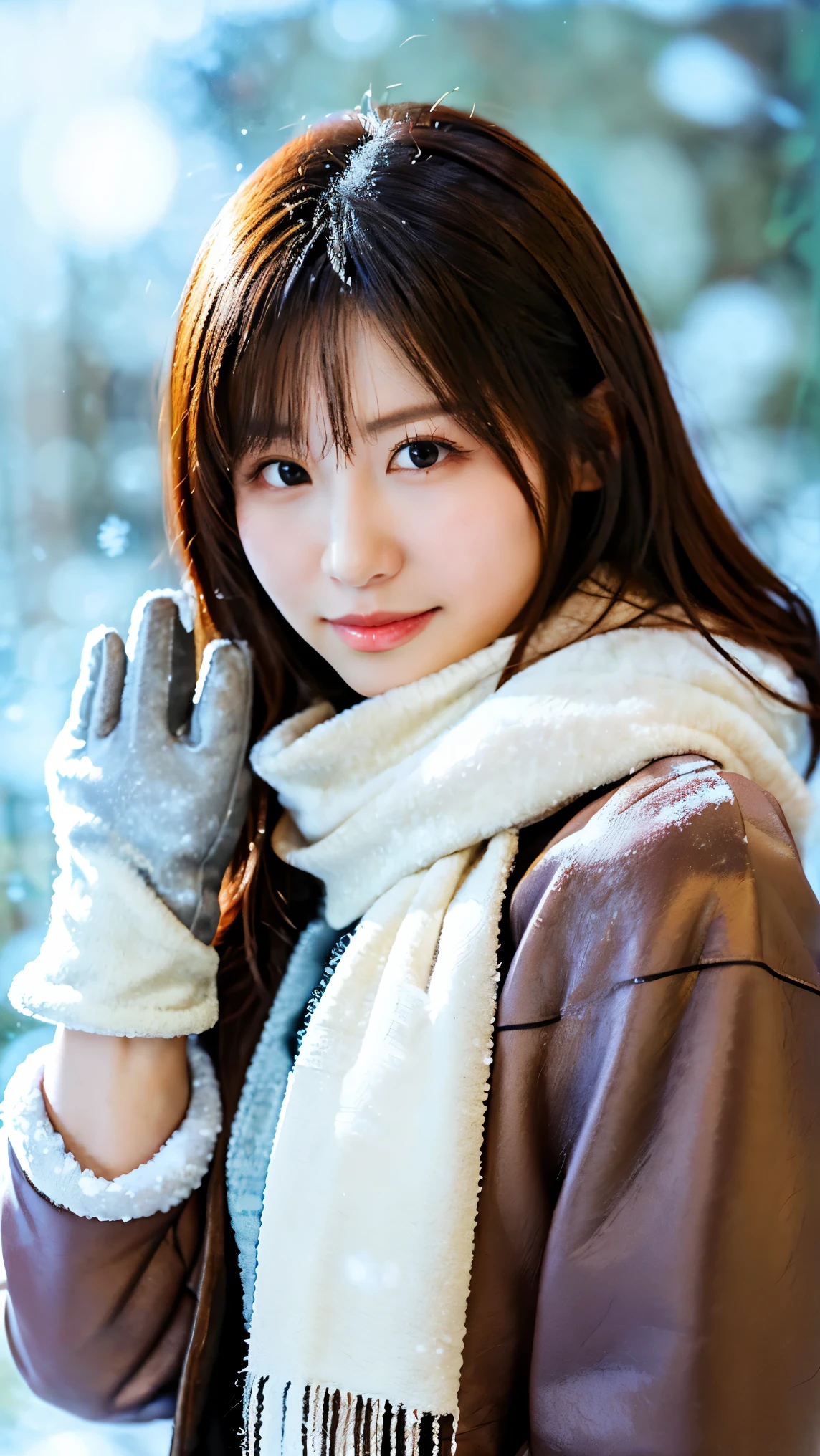 ( fur coat and scarf and gloves : 1.4), ( through a snowy background through glass : 1.4), (コーラス : 1.5), bangs, smile, ((white indoor )), Young and Adorable Japanese Face Riding on a Snow Background at Night , Official Art, high image quality CG Unity 8k wallpaper,Ultra high image quality , very well detailed , Half photo , high image quality , Kodak Portrait 400 , Film Grain , Lens Flare Glow , top quality ,8k, profile portrait ,8k, Show Viewer , (( Masterpiece)), (( top quality )), ( very well detailed ), (( cute)), (( sexy)), (( very well detailed な)), ( different service features), ( beautiful), illustrations, beautiful Japanese woman, (( 1 female )), ( Disconnect (years ) : 1.3)
