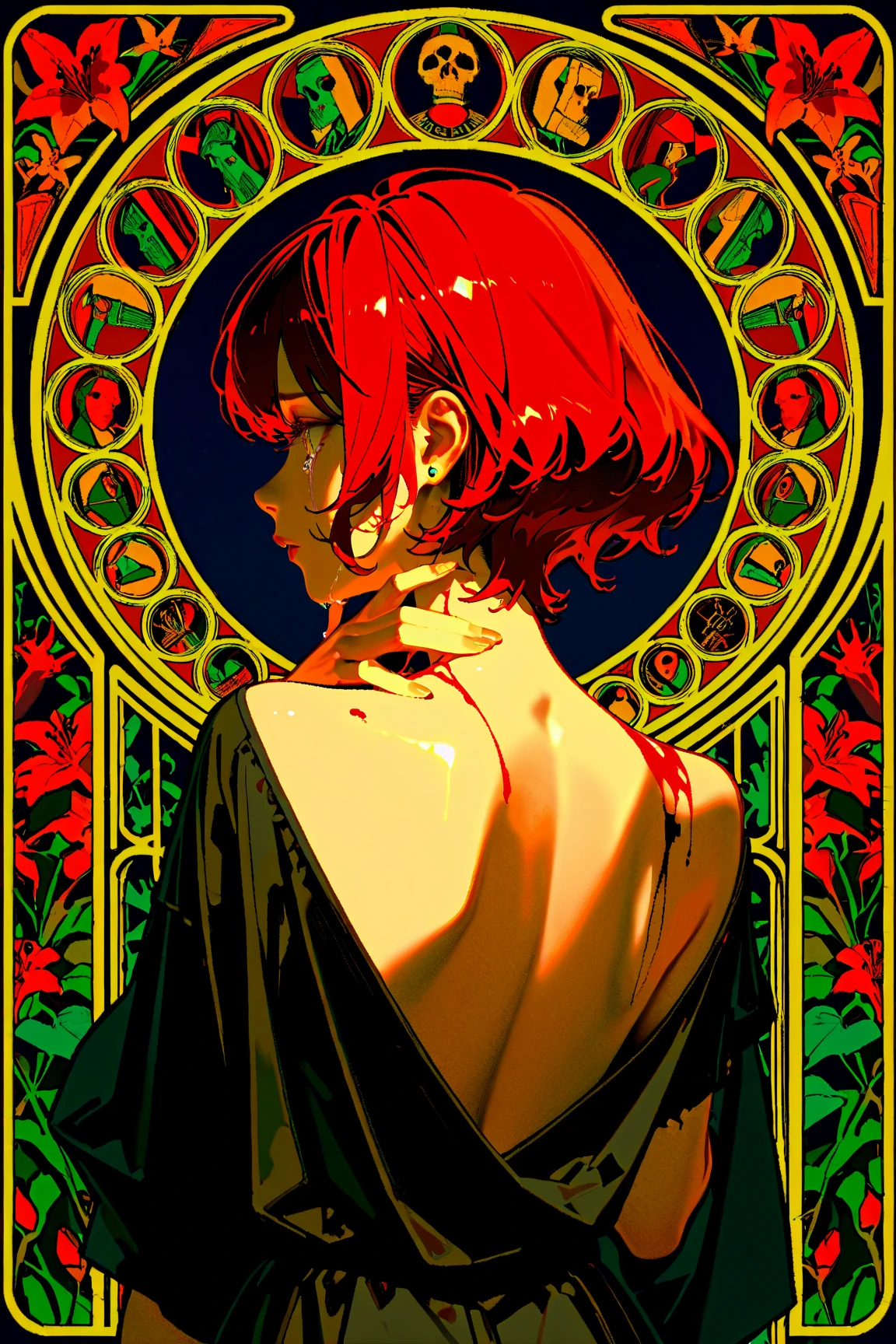 by  yoneyama mai 
by  sui 0z0
1girl
celtic goddess
green gold and red 
aesthetic,
beautiful color, (amazing quality:1.5),