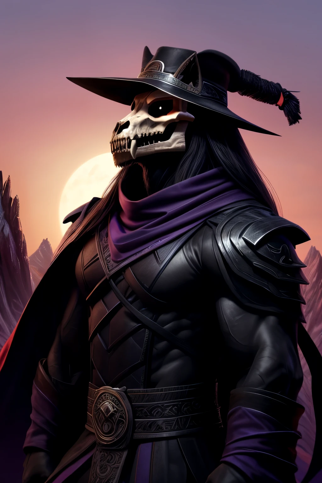 skullish, horn curved towards the back of the head, No eyes, black cloack, skeletor, apavorante, The background is a cemetery, com corpo inteiro de skeletor, serious face with a bone cane 