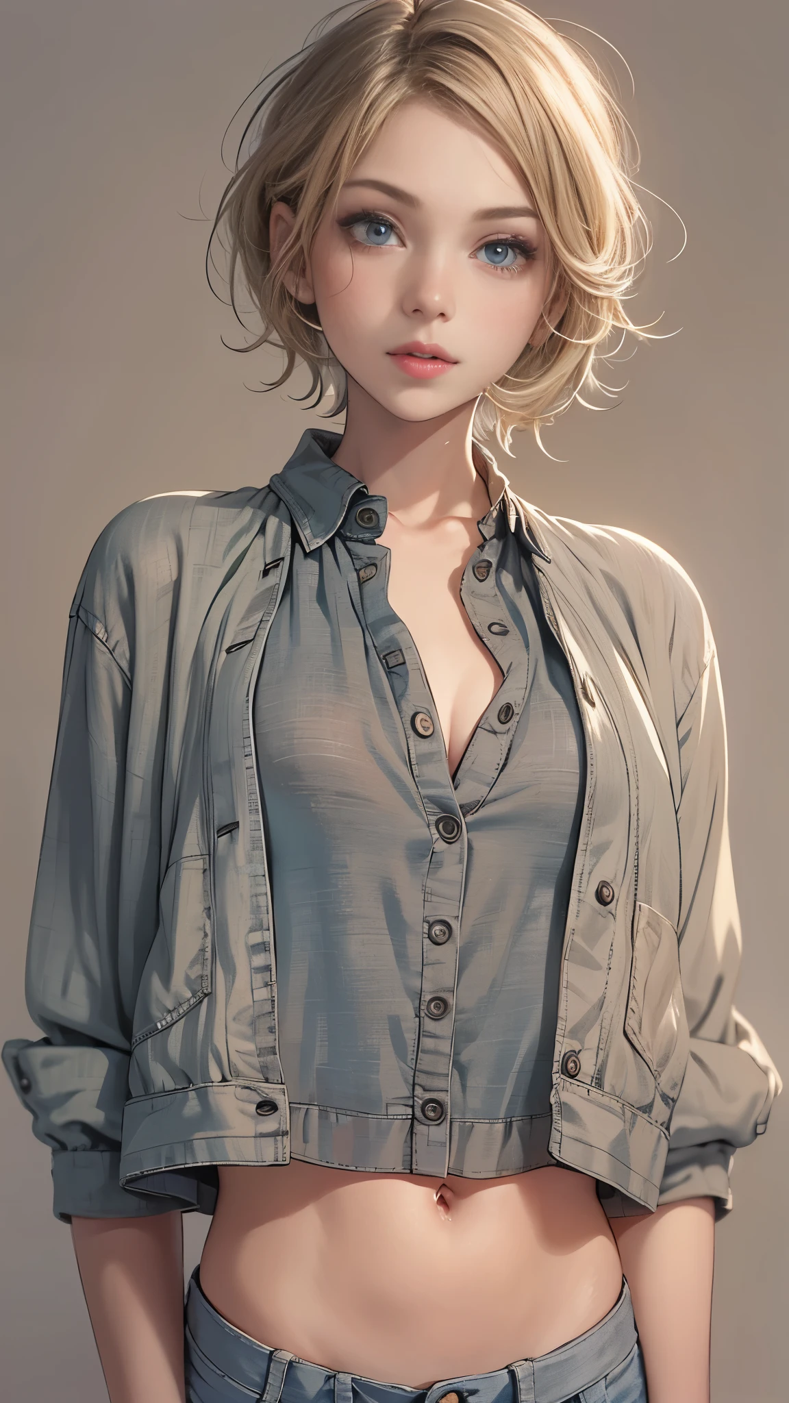 (Cute tween fashion model:1.5), 3/4 photo, bust focus, natural light, tomboy, skinny, thin, slim, lean, slender, nubile, posing for picture, very short hair, blonde hair, blueeyes, natural lighting, armpits, thin waist, thin hips, perfect lips, fat lower lip, young, youthful, , ager, busty , huge breasts, grey background, tight crop top, tiny shorts