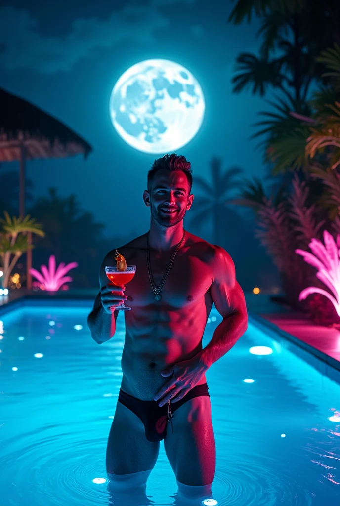 Teen male posing, swimming trunks, skinny body, atmospheric, cute face, red hair, mask, dead inside, plaid shirt, red lighting, river background