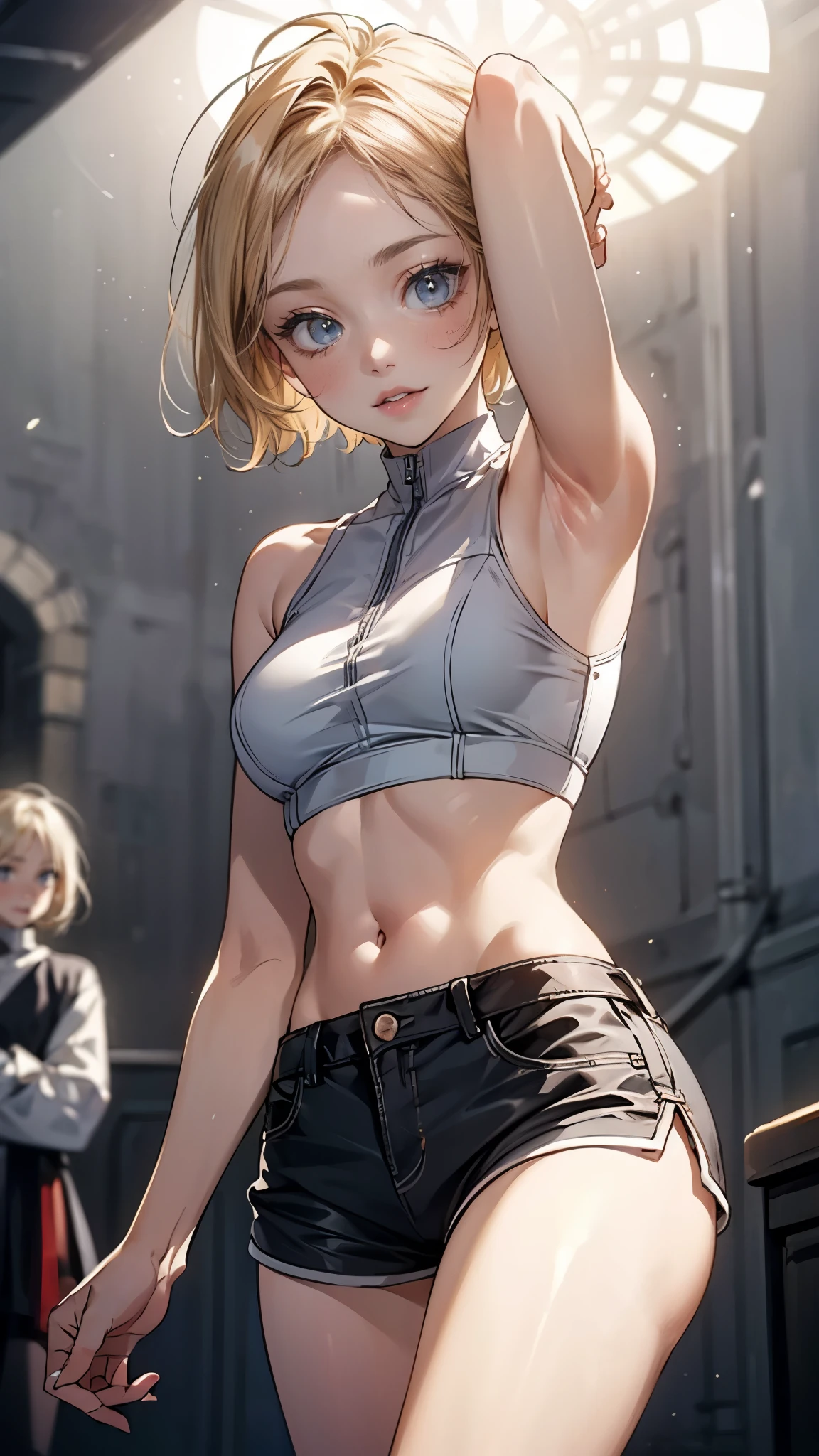 (Cute tween fashion model:1.5), 3/4 photo, bust focus, natural light, tomboy, skinny, thin, slim, lean, slender, nubile, posing for picture, very short hair, blonde hair, blueeyes, natural lighting, armpits, thin waist, thin hips, perfect lips, fat lower lip, young, youthful, , ager, busty , huge breasts, grey background, tight crop top, tiny shorts